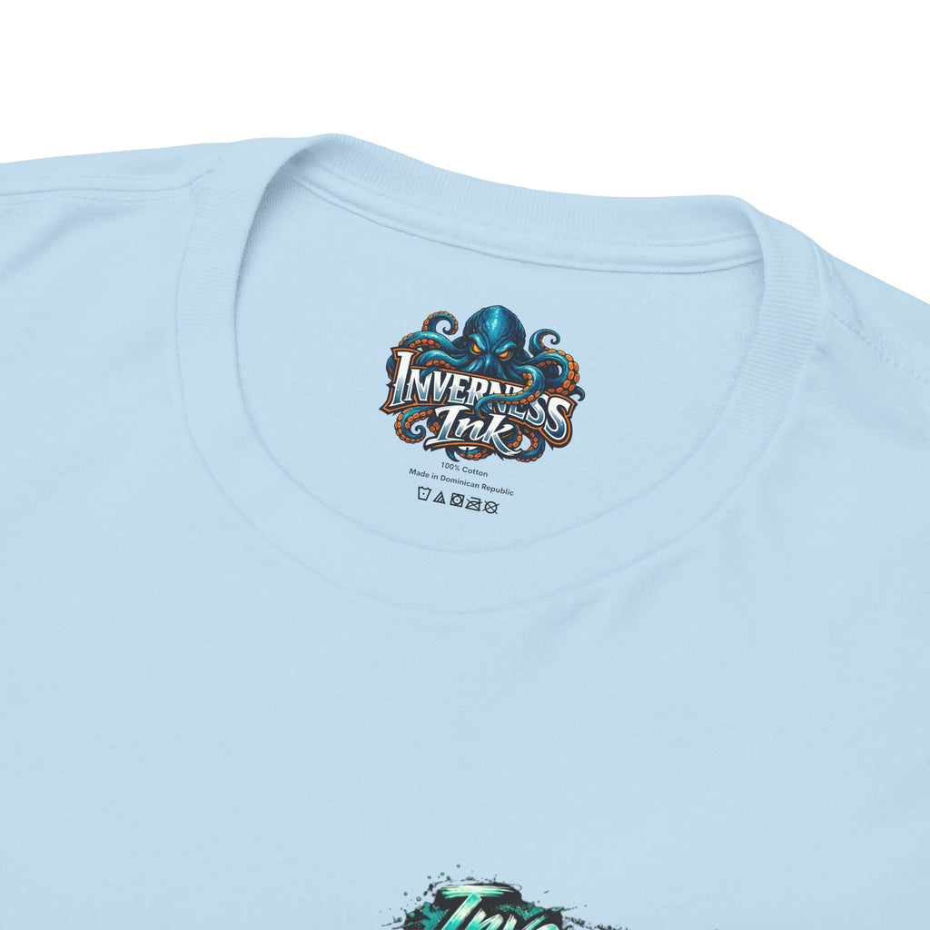 Inverness Ink Graphic Tee — Bold Blue & Orange Splash Backprint