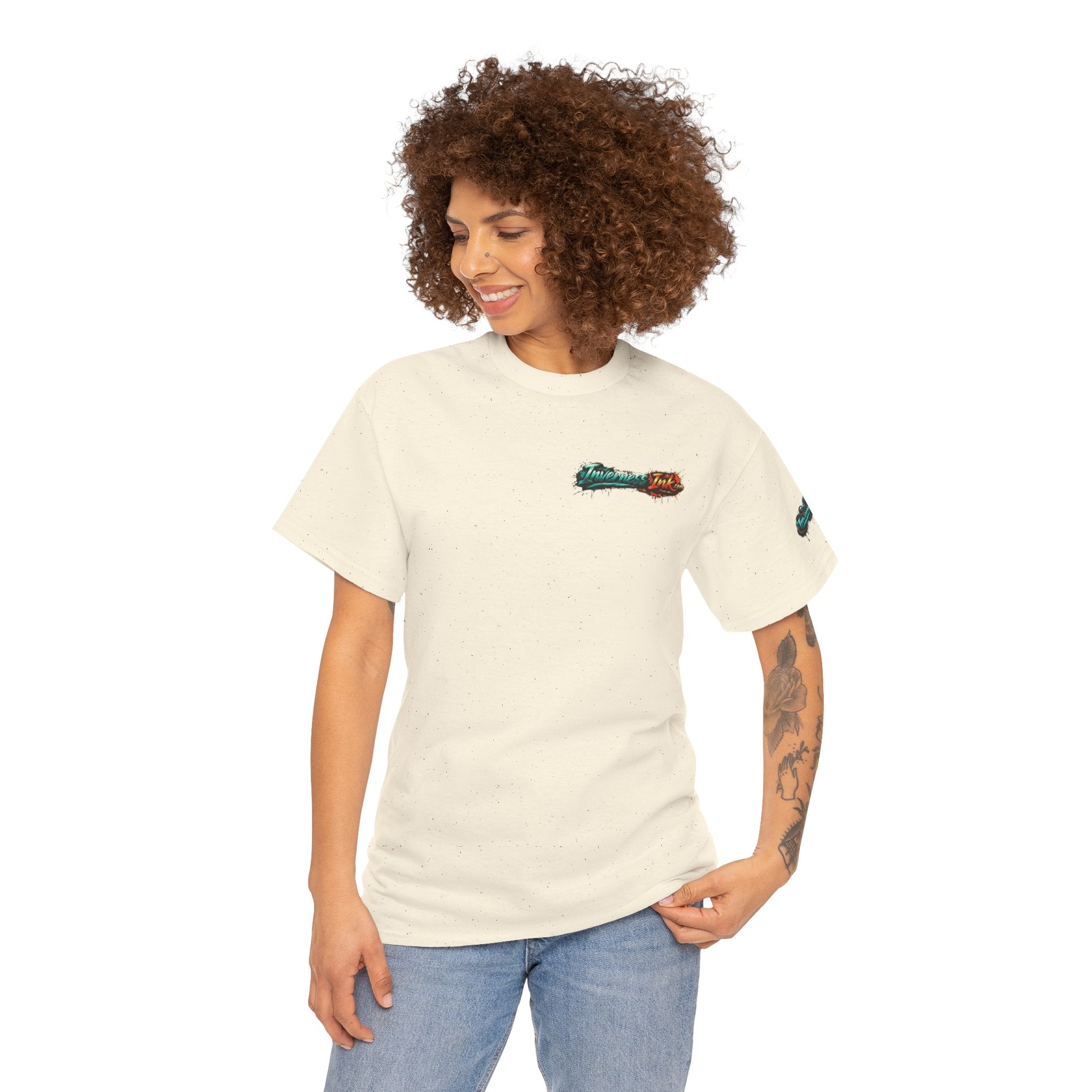 Inverness Ink Graphic Tee — Bold Blue & Orange Splash Backprint
