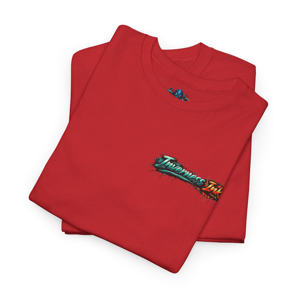Inverness Ink Graphic Tee — Bold Blue & Orange Splash Backprint