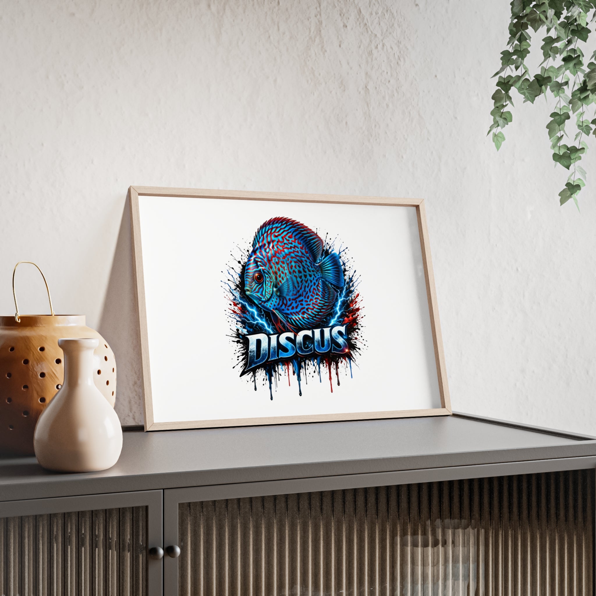 Discus Fish Poster with Wooden Frame — Colorful Aquarium Art Print