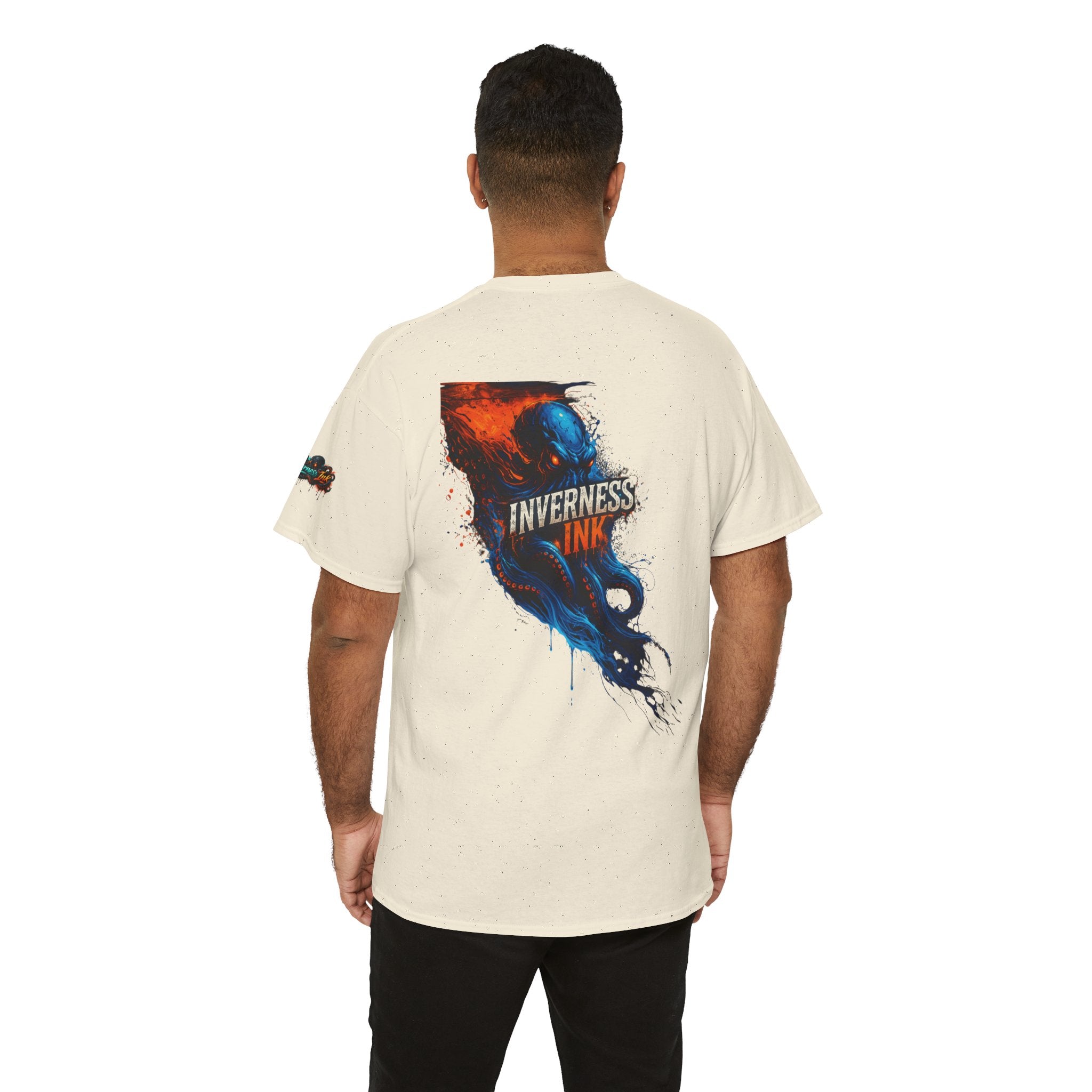 Inverness Ink Graphic Tee — Bold Blue & Orange Splash Backprint