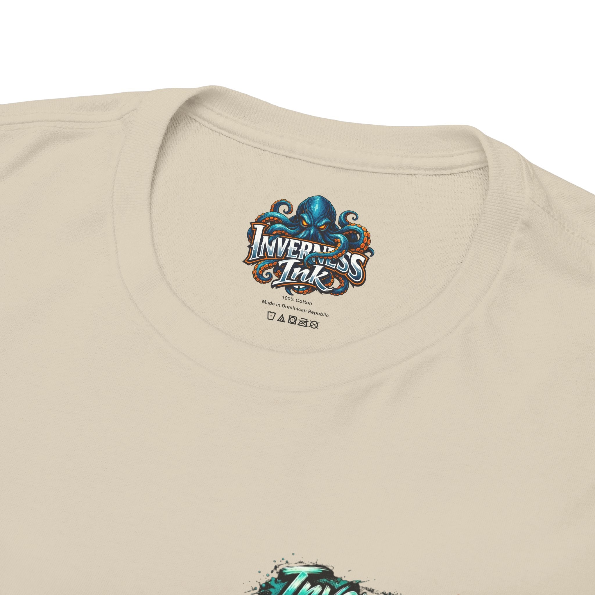 Inverness Ink Graphic Tee — Bold Blue & Orange Splash Backprint