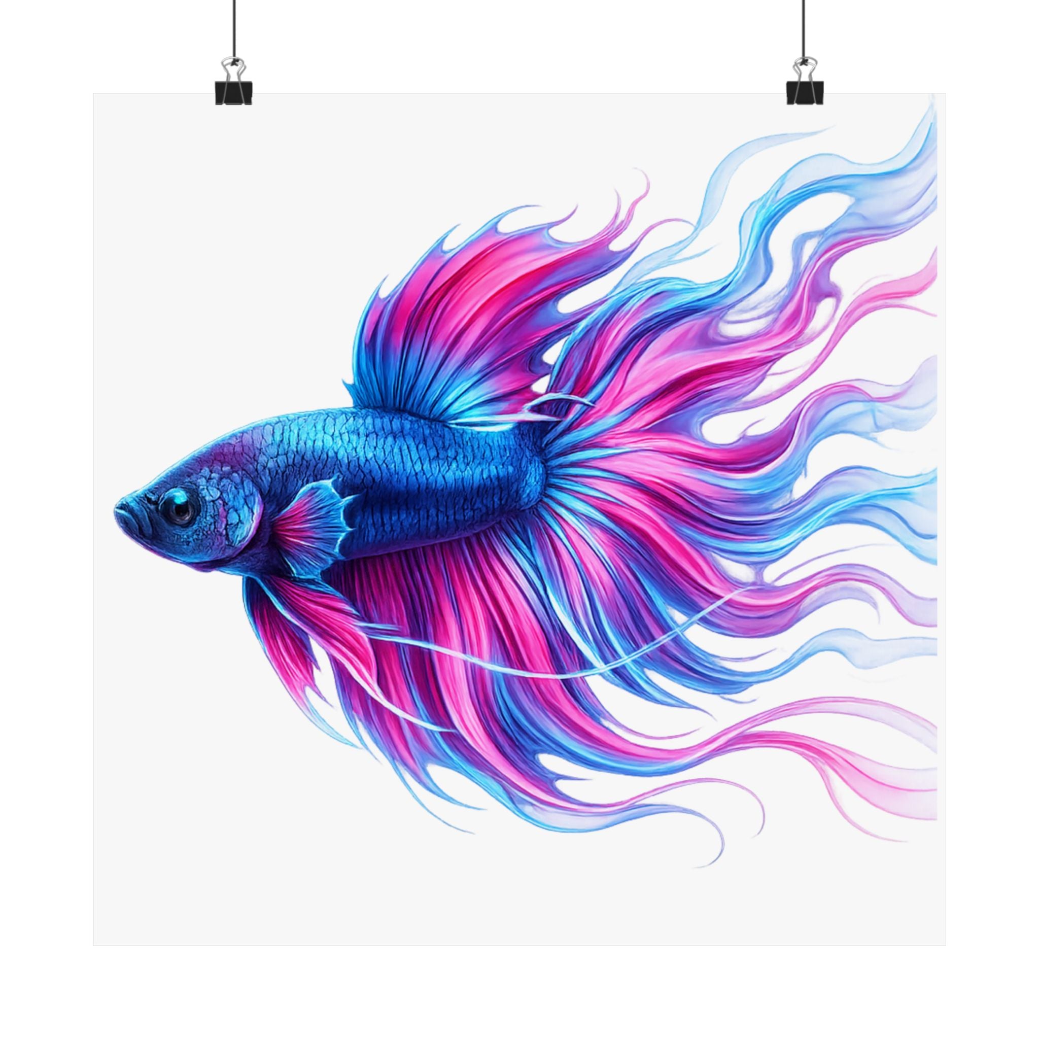 Betta Fish Art Poster — Colorful Blue & Pink Matte Vertical Wall Print