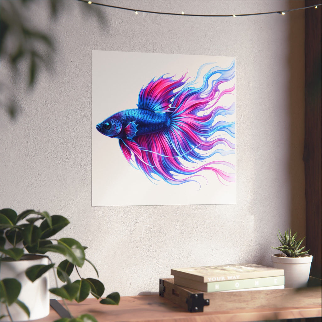 Betta Fish Art Poster — Colorful Blue & Pink Matte Vertical Wall Print