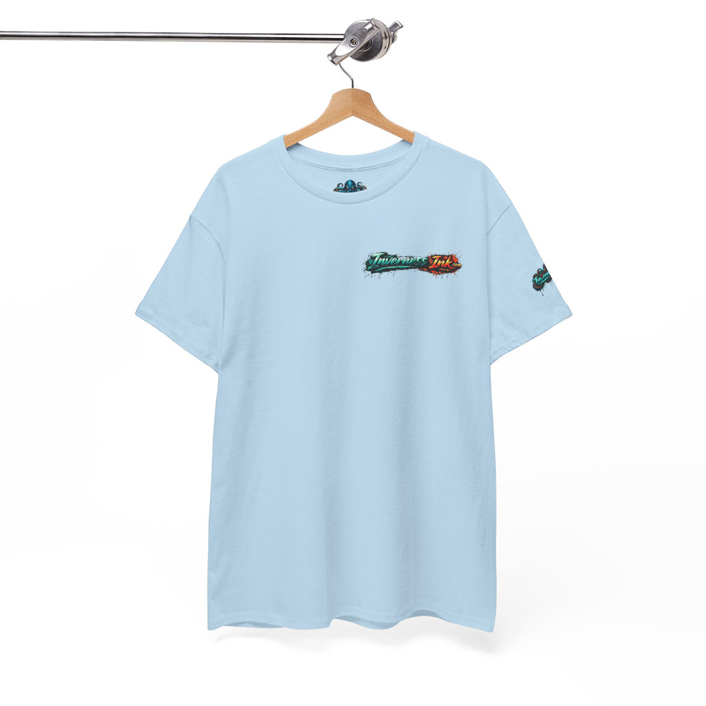 Inverness Ink Graphic Tee — Bold Blue & Orange Splash Backprint