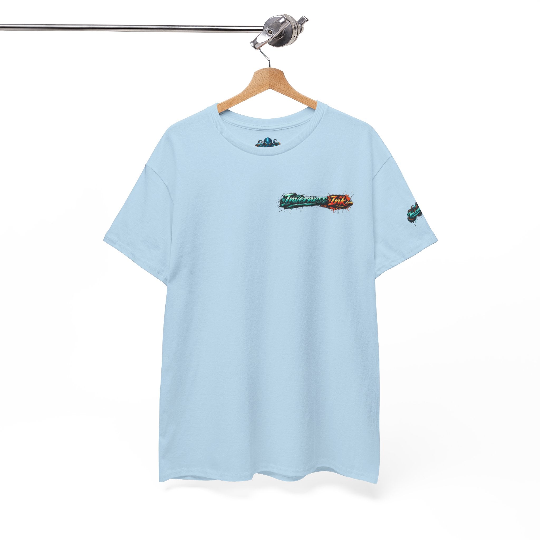 Inverness Ink Graphic Tee — Bold Blue & Orange Splash Backprint