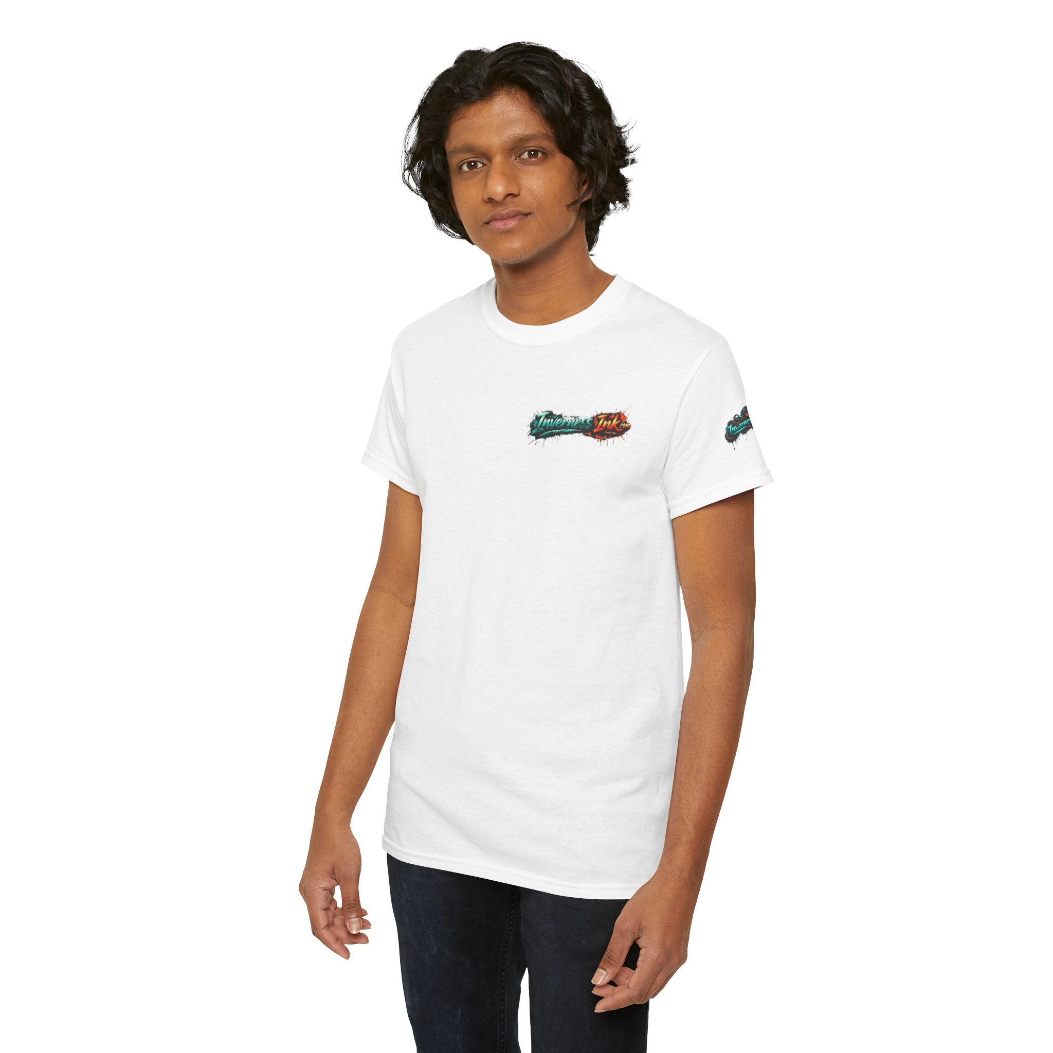 Inverness Ink Graphic Tee — Bold Blue & Orange Splash Backprint