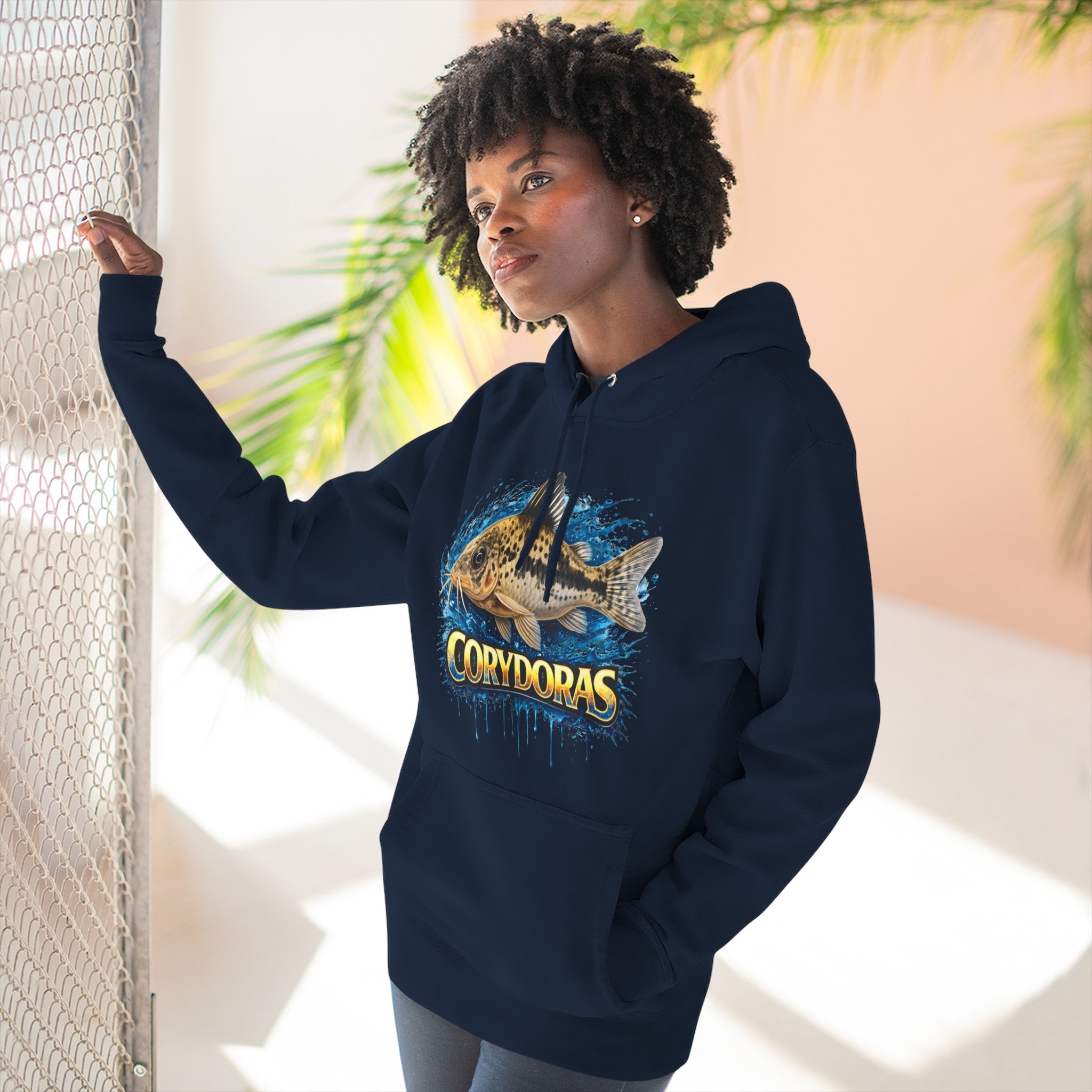 Peppered Corydoras Midweight Fleece Hoodie — Aquatic Catfish Illustration Pullover