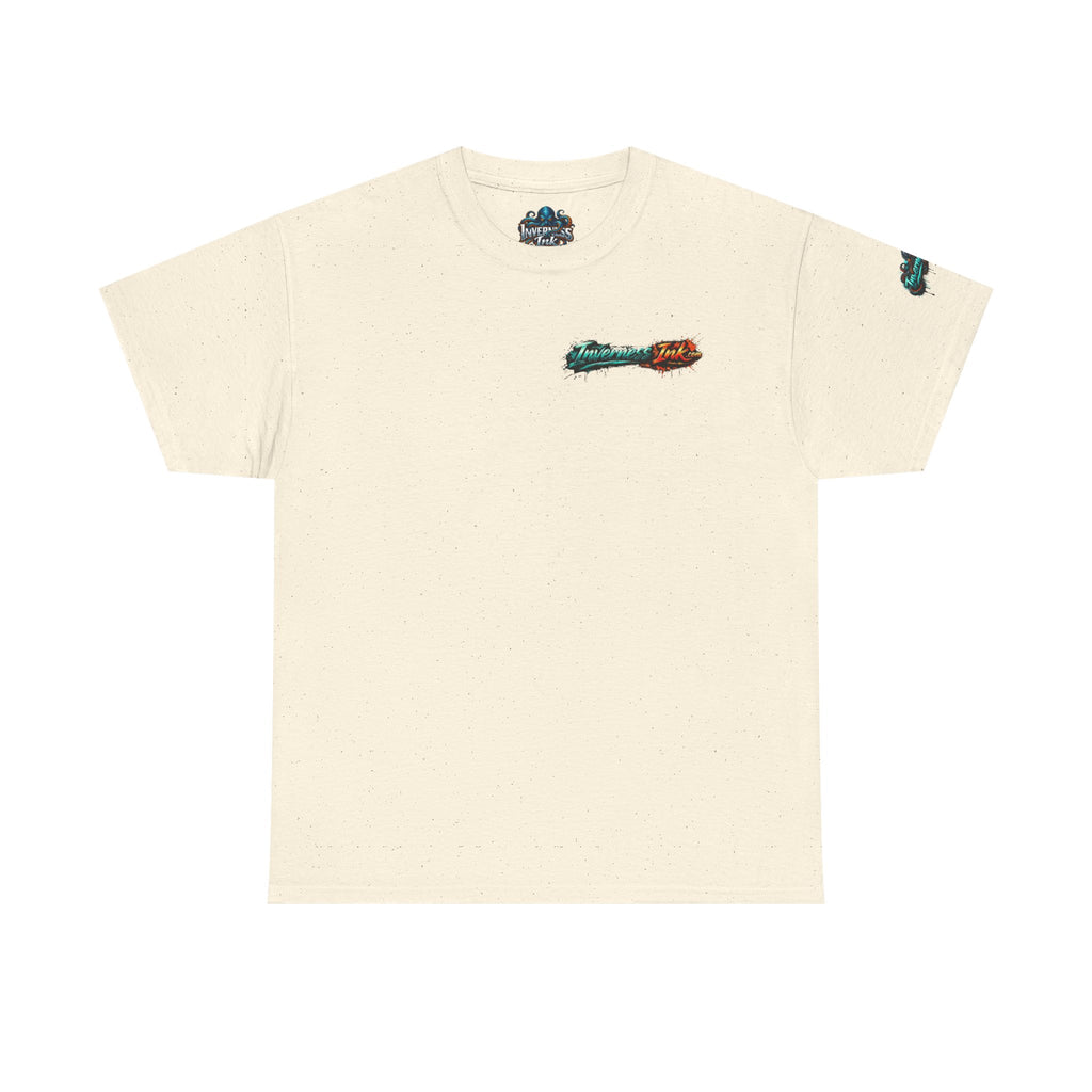 Inverness Ink Graphic Tee — Bold Blue & Orange Splash Backprint