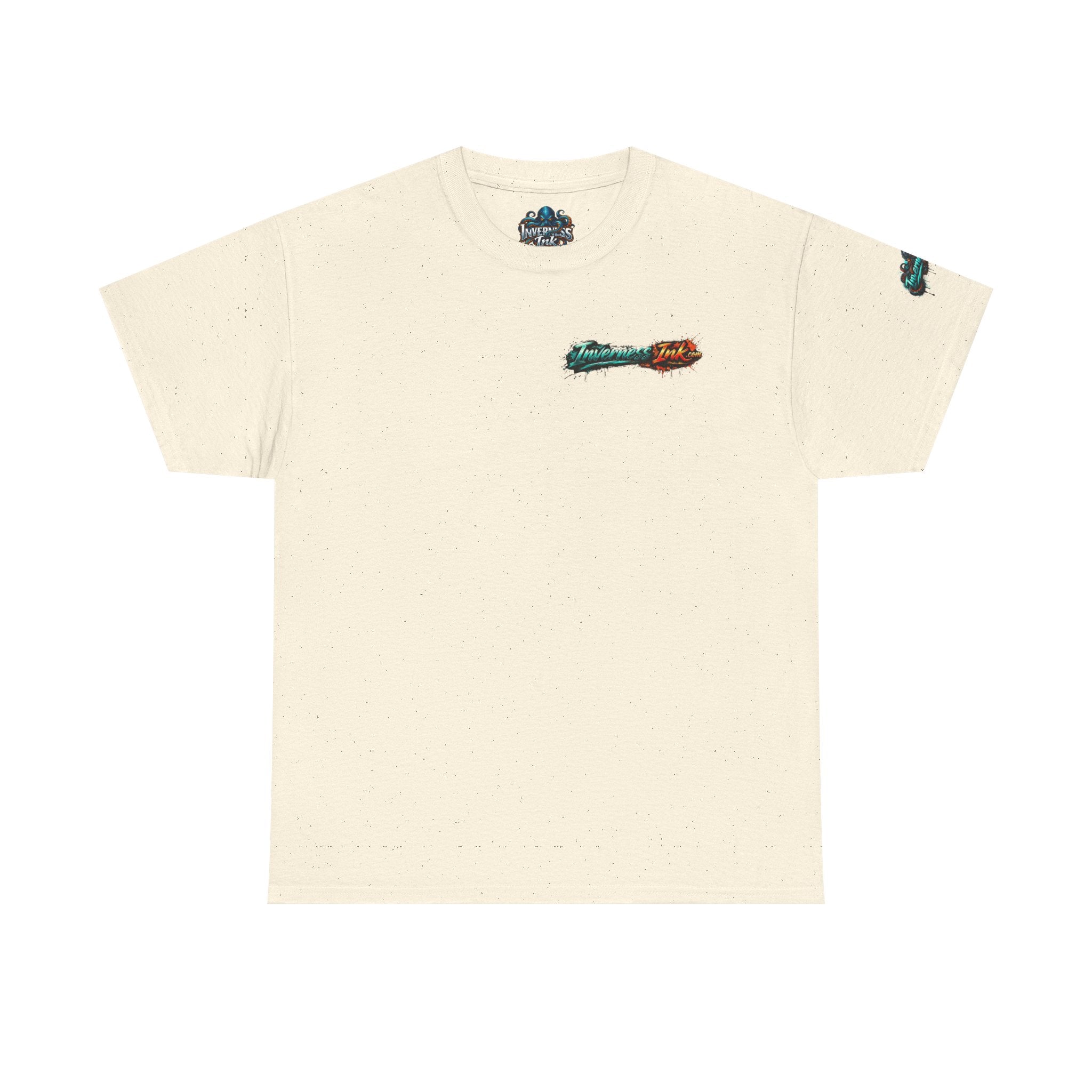 Inverness Ink Graphic Tee — Bold Blue & Orange Splash Backprint
