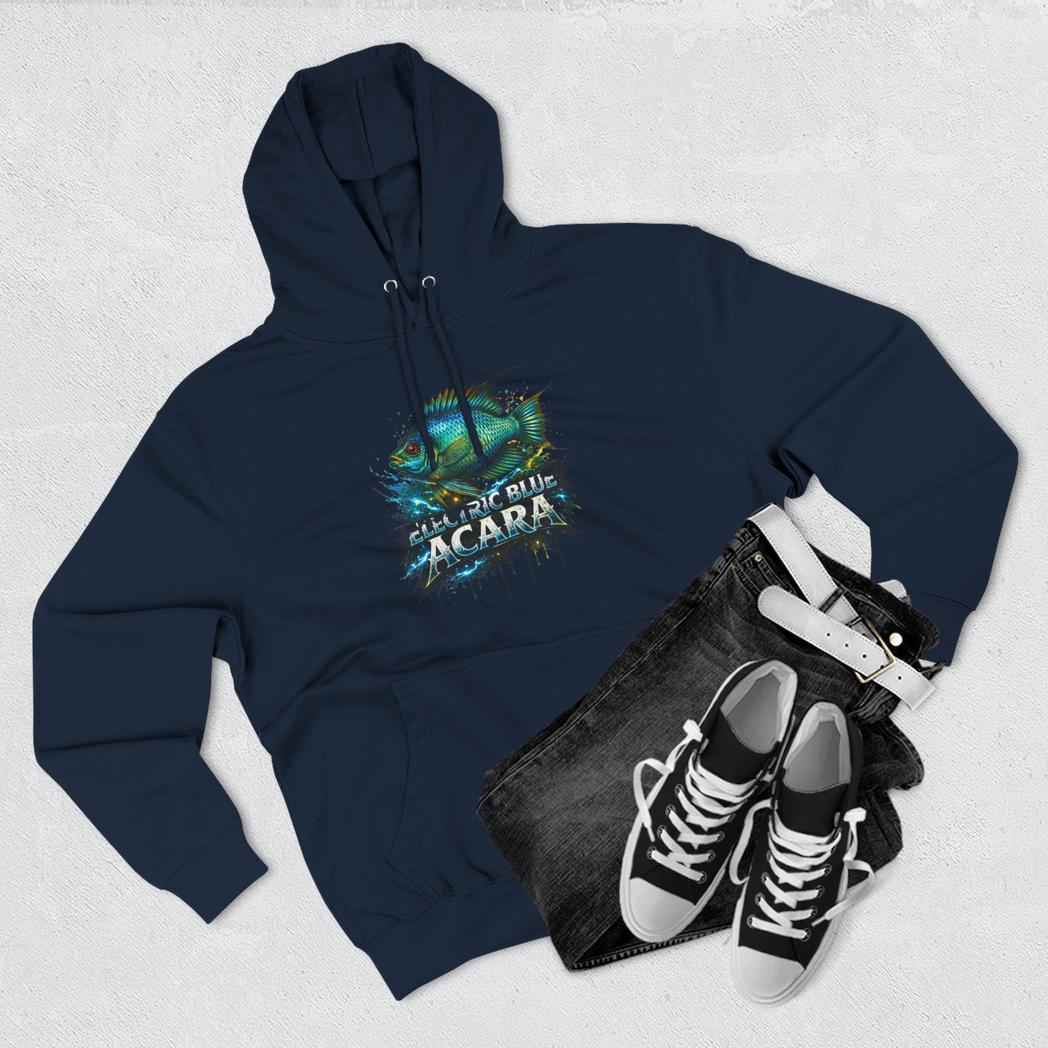 Electric Blue Acara Hoodie — Colorful Aquarium Fish Graphic Fleece Pullover
