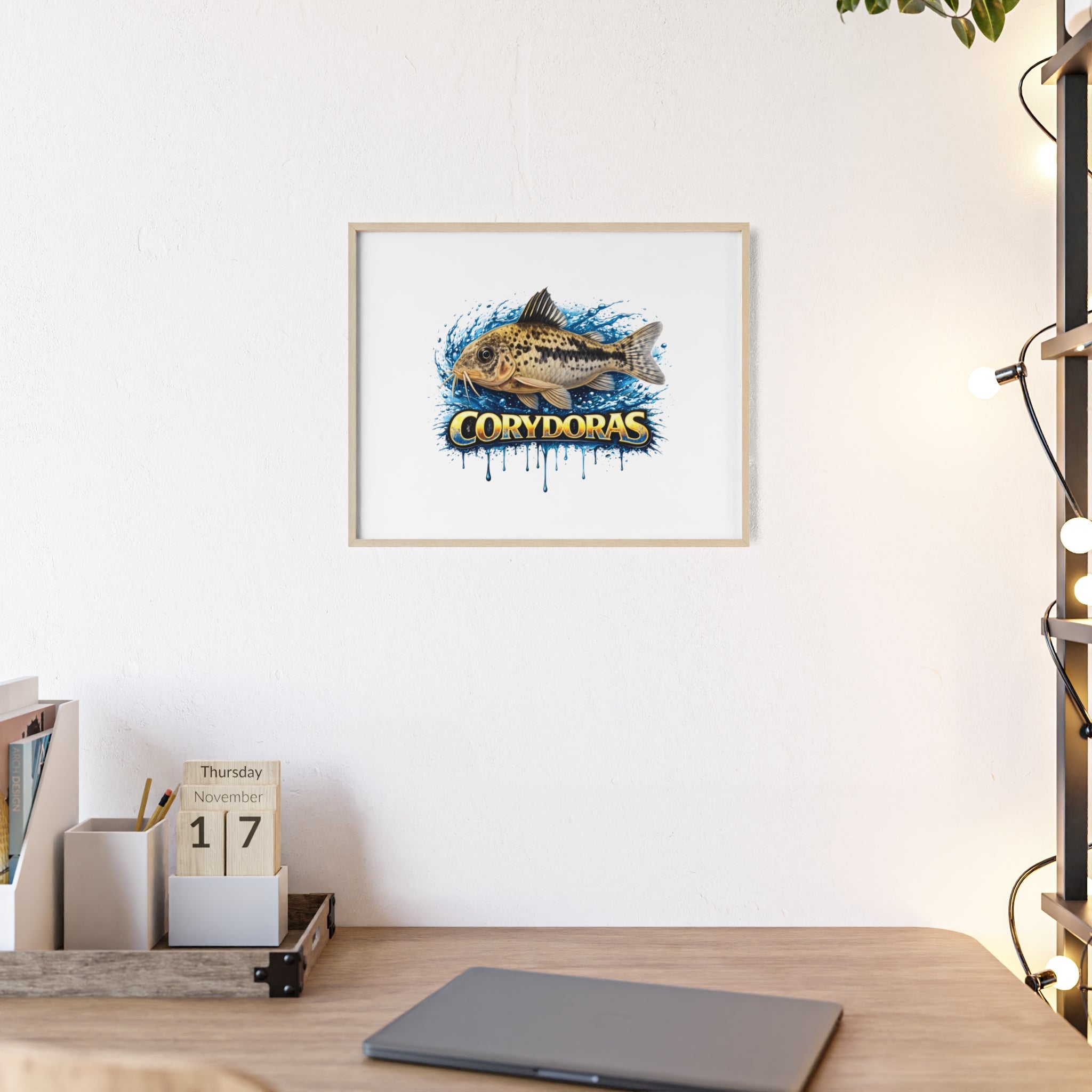 Peppered Corydoras Fish Poster with Wooden Frame — Aquarium Wall Art