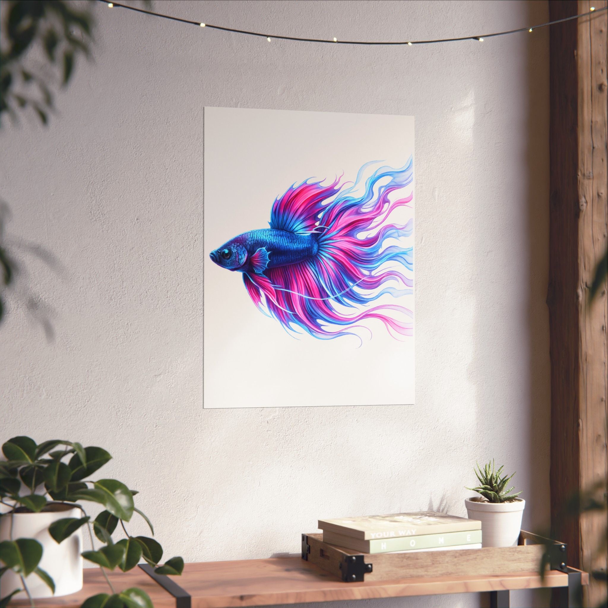 Betta Fish Art Poster — Colorful Blue & Pink Matte Vertical Wall Print