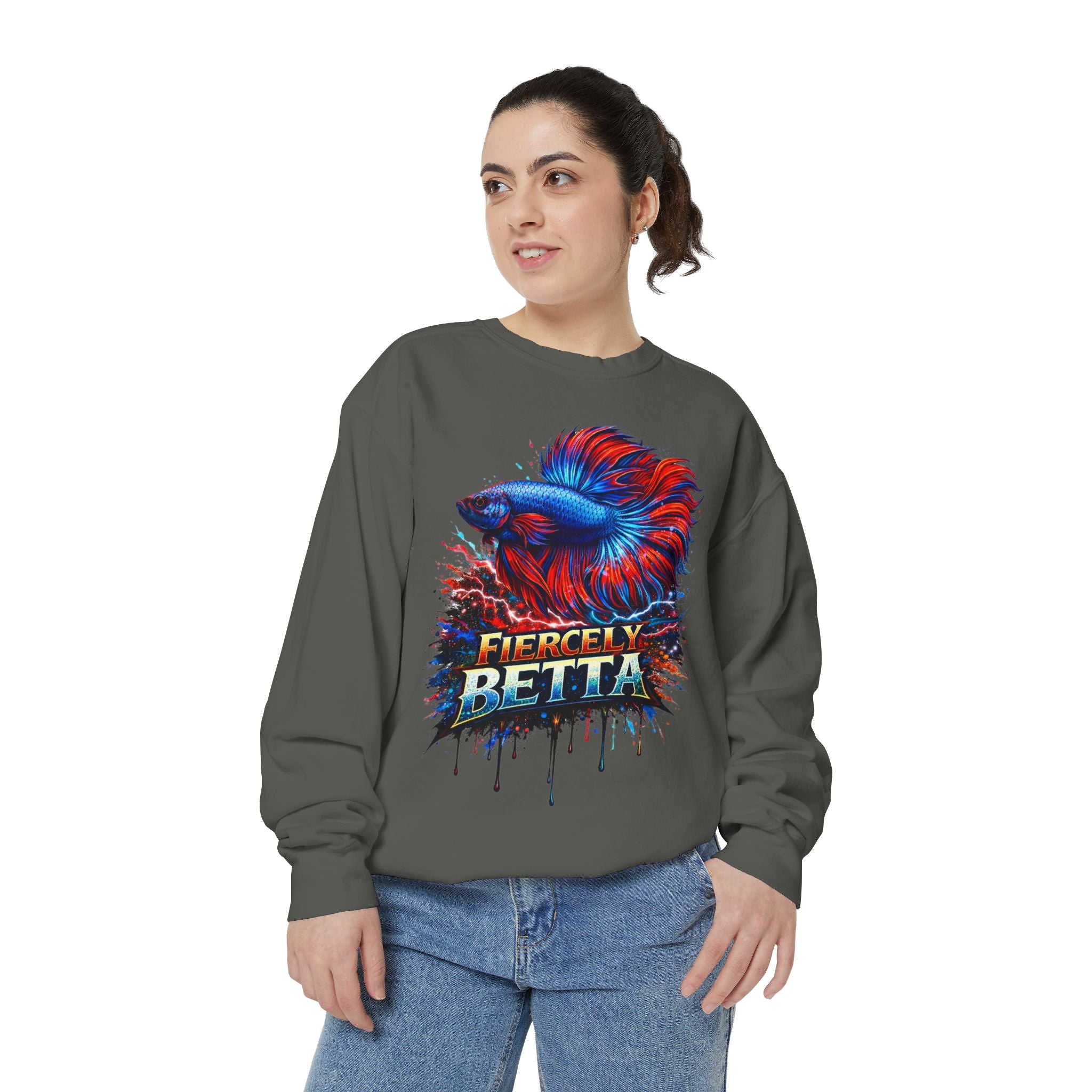 Betta Fish Sweatshirt — "Fiercely Betta" Colorful Aquarium Crewneck