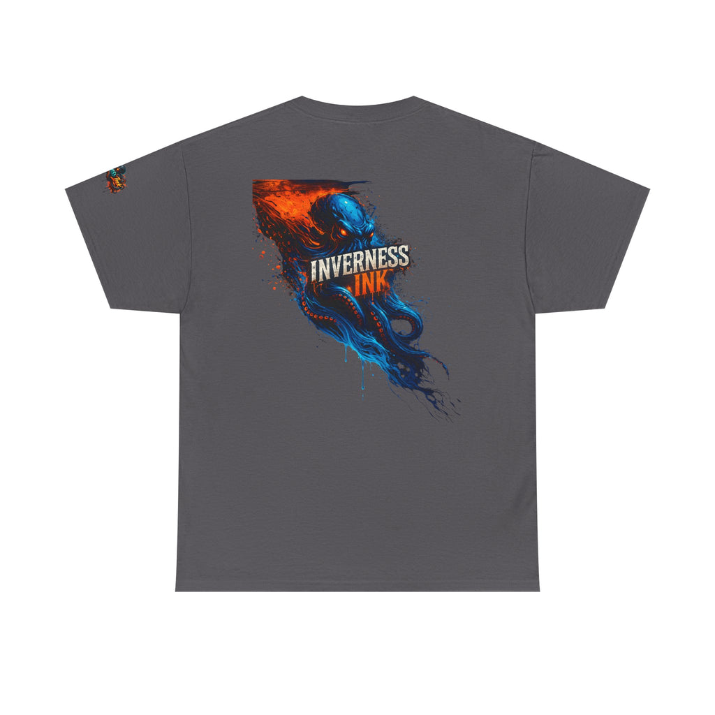 Inverness Ink Graphic Tee — Bold Blue & Orange Splash Backprint
