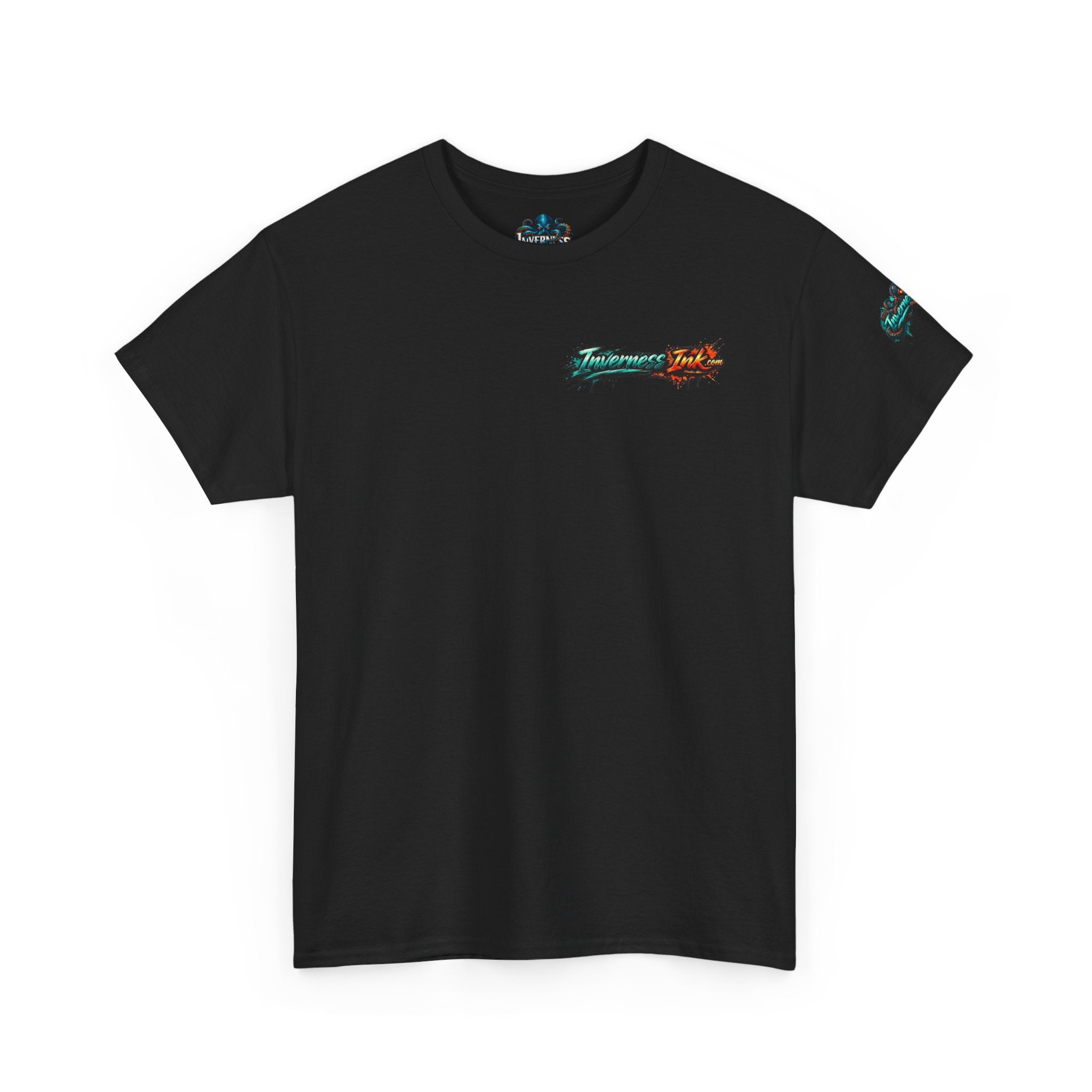 Inverness Ink Graphic Tee — Bold Blue & Orange Splash Backprint
