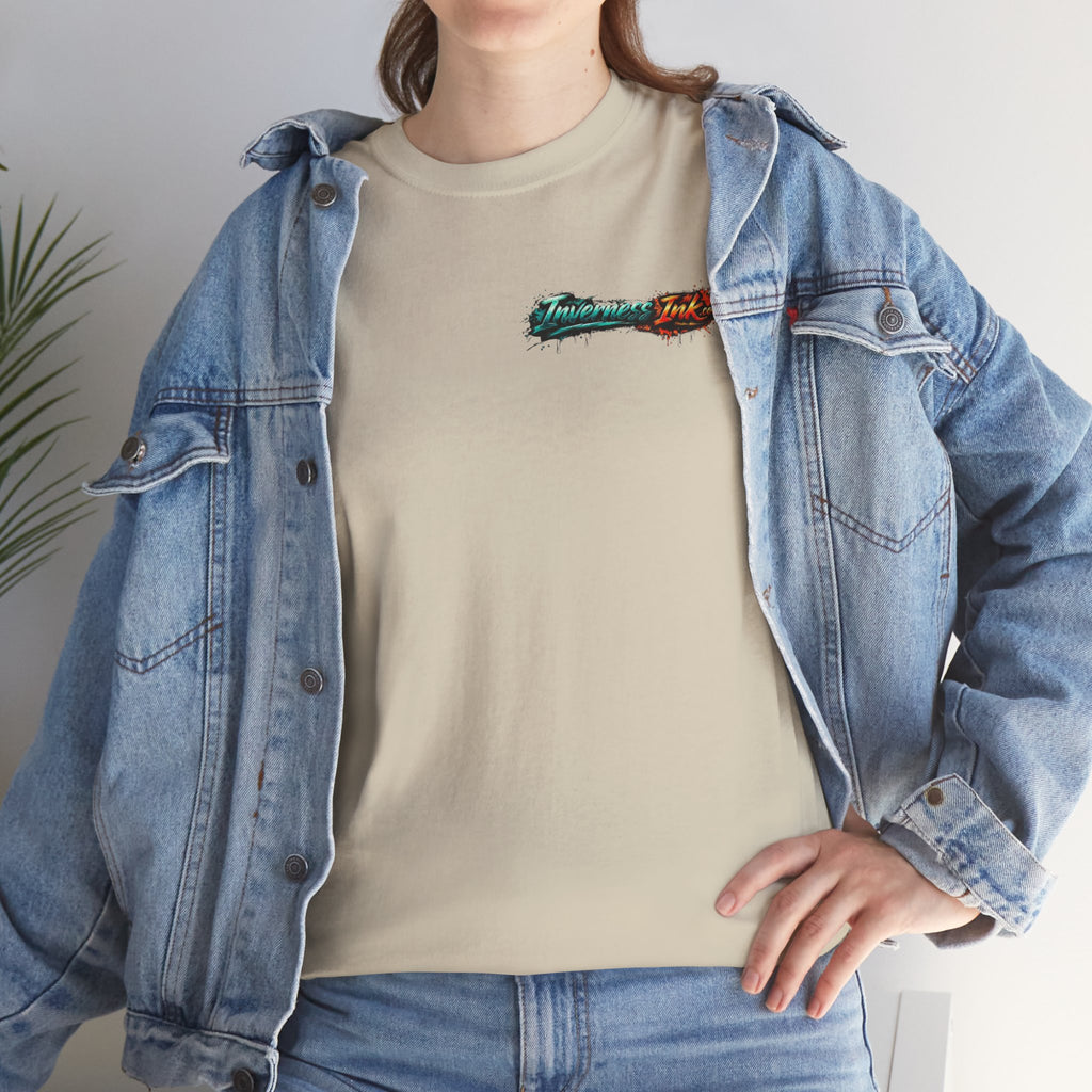 Inverness Ink Graphic Tee — Bold Blue & Orange Splash Backprint