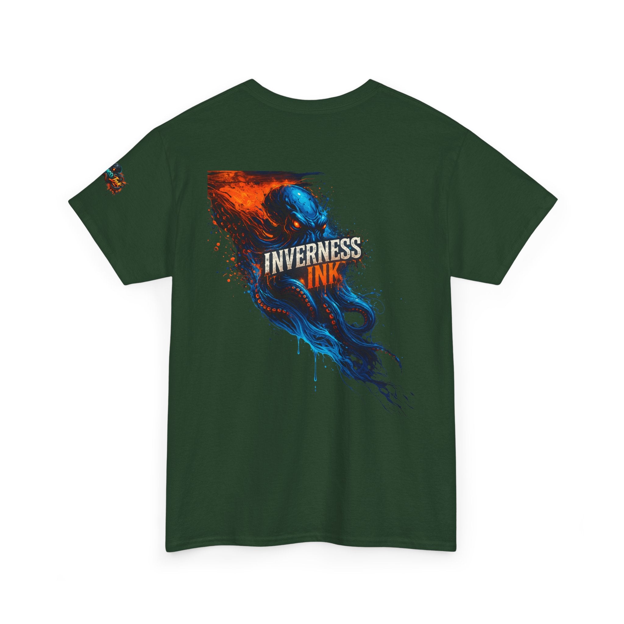 Inverness Ink Graphic Tee — Bold Blue & Orange Splash Backprint