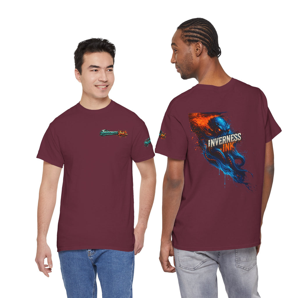 Inverness Ink Graphic Tee — Bold Blue & Orange Splash Backprint