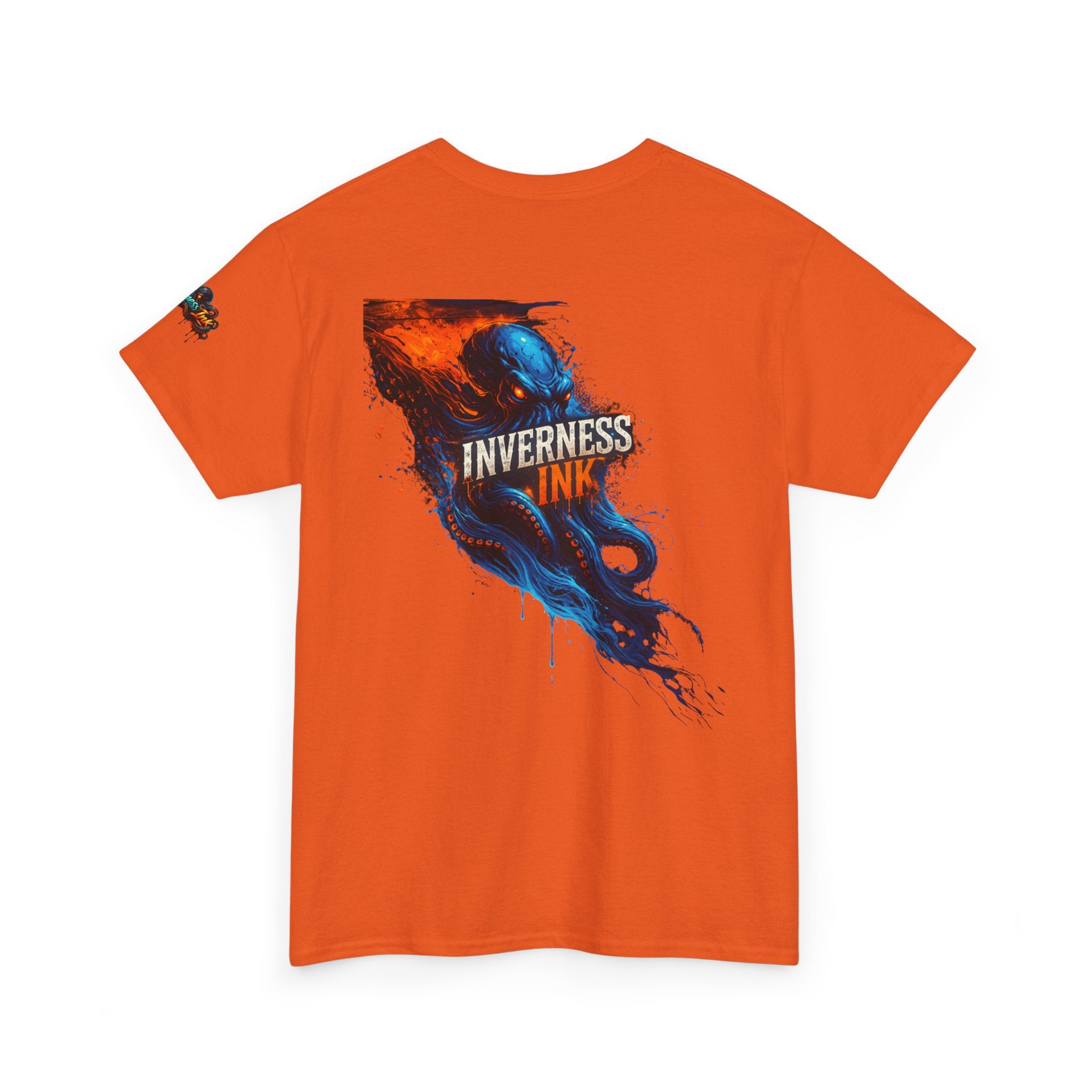Inverness Ink Graphic Tee — Bold Blue & Orange Splash Backprint