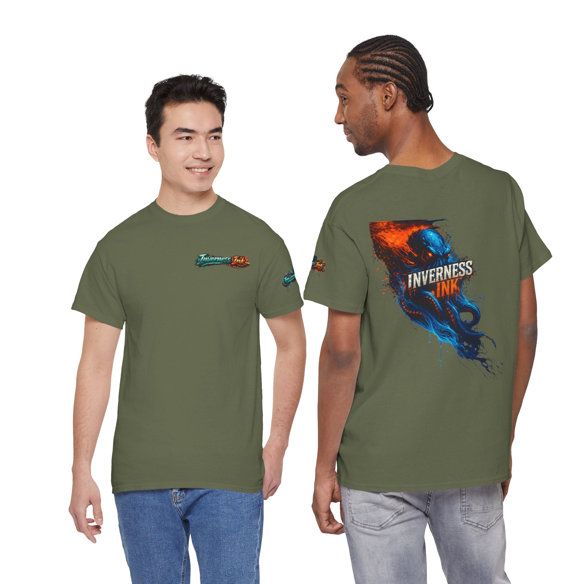 Inverness Ink Graphic Tee — Bold Blue & Orange Splash Backprint