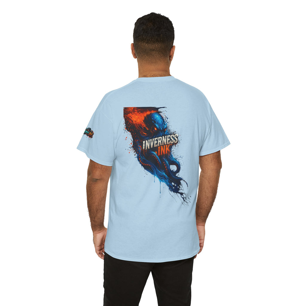 Inverness Ink Graphic Tee — Bold Blue & Orange Splash Backprint