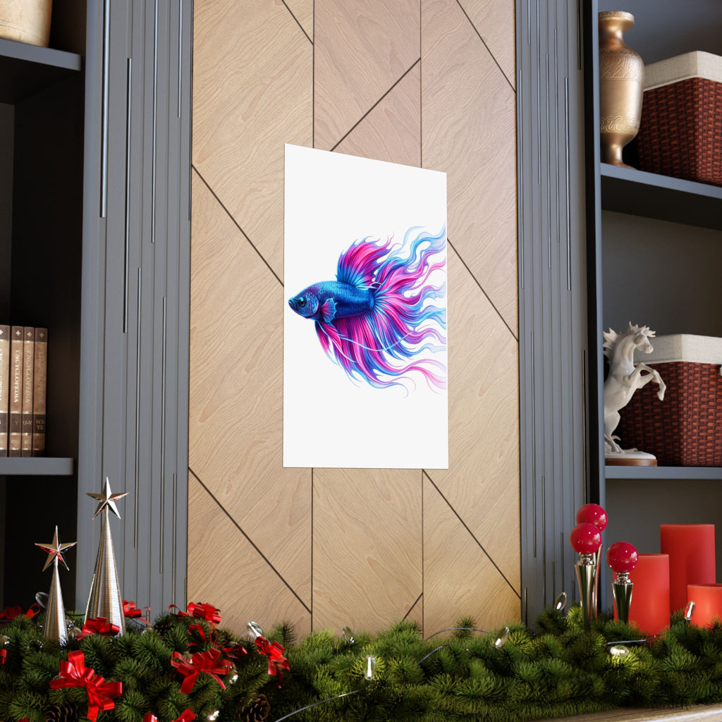 Betta Fish Art Poster — Colorful Blue & Pink Matte Vertical Wall Print