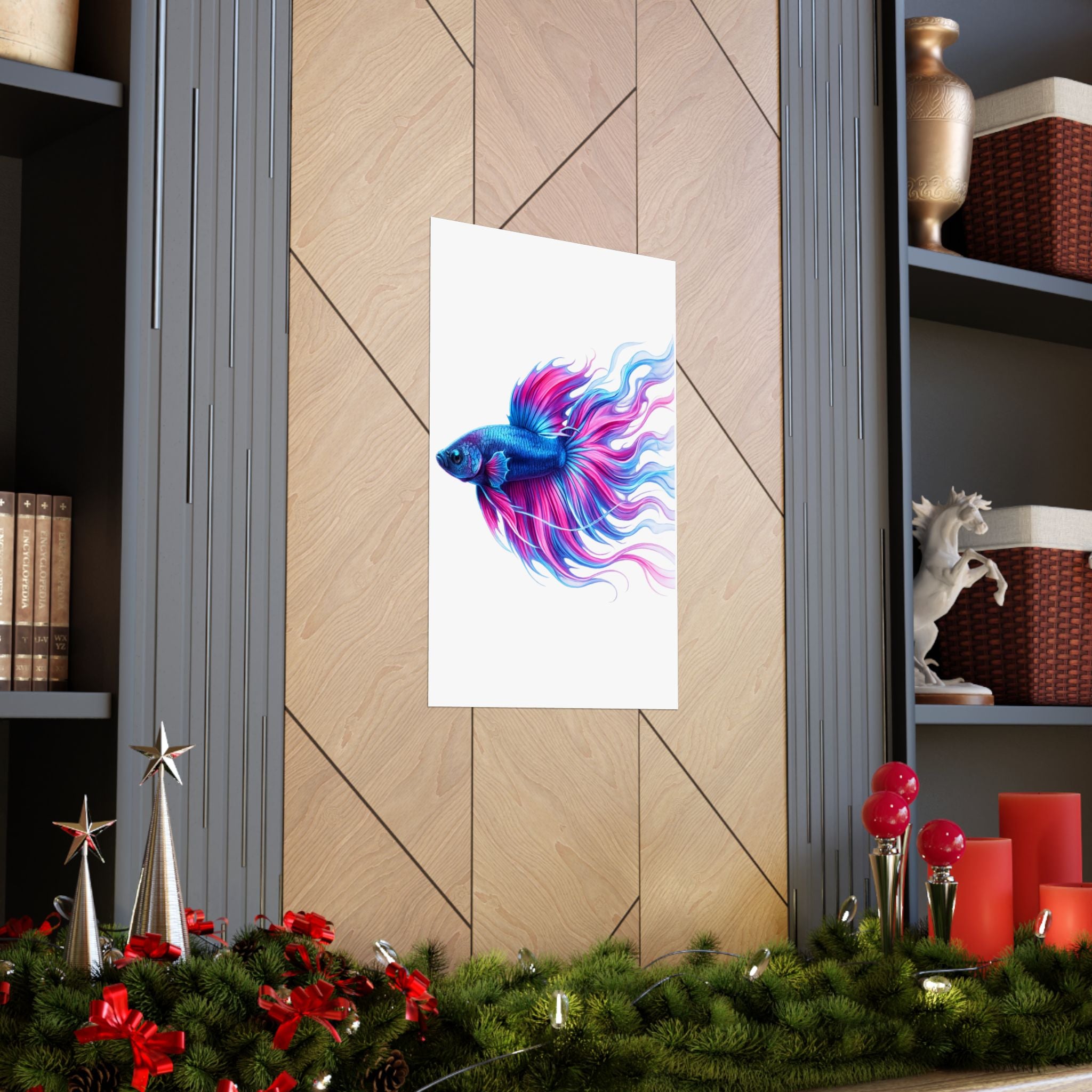 Betta Fish Art Poster — Colorful Blue & Pink Matte Vertical Wall Print