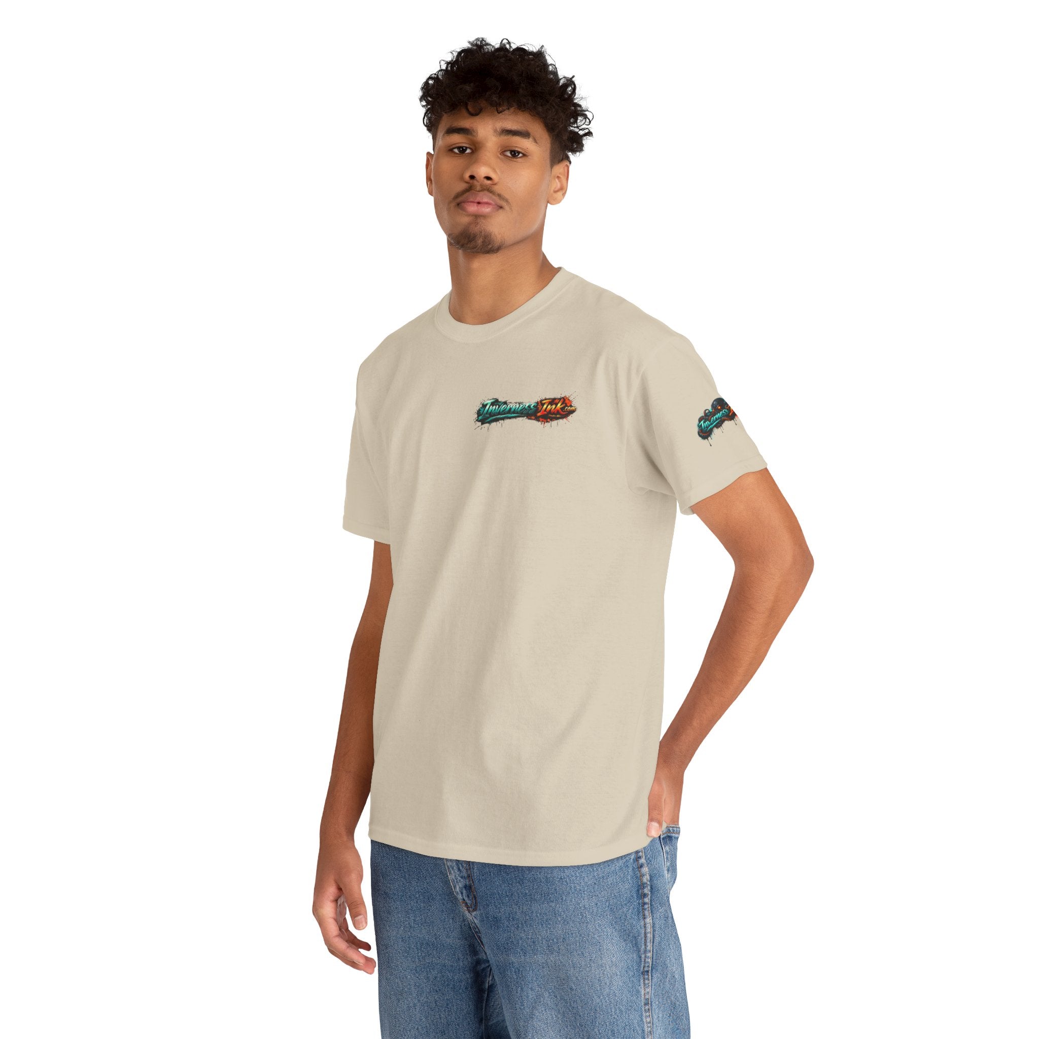 Inverness Ink Graphic Tee — Bold Blue & Orange Splash Backprint
