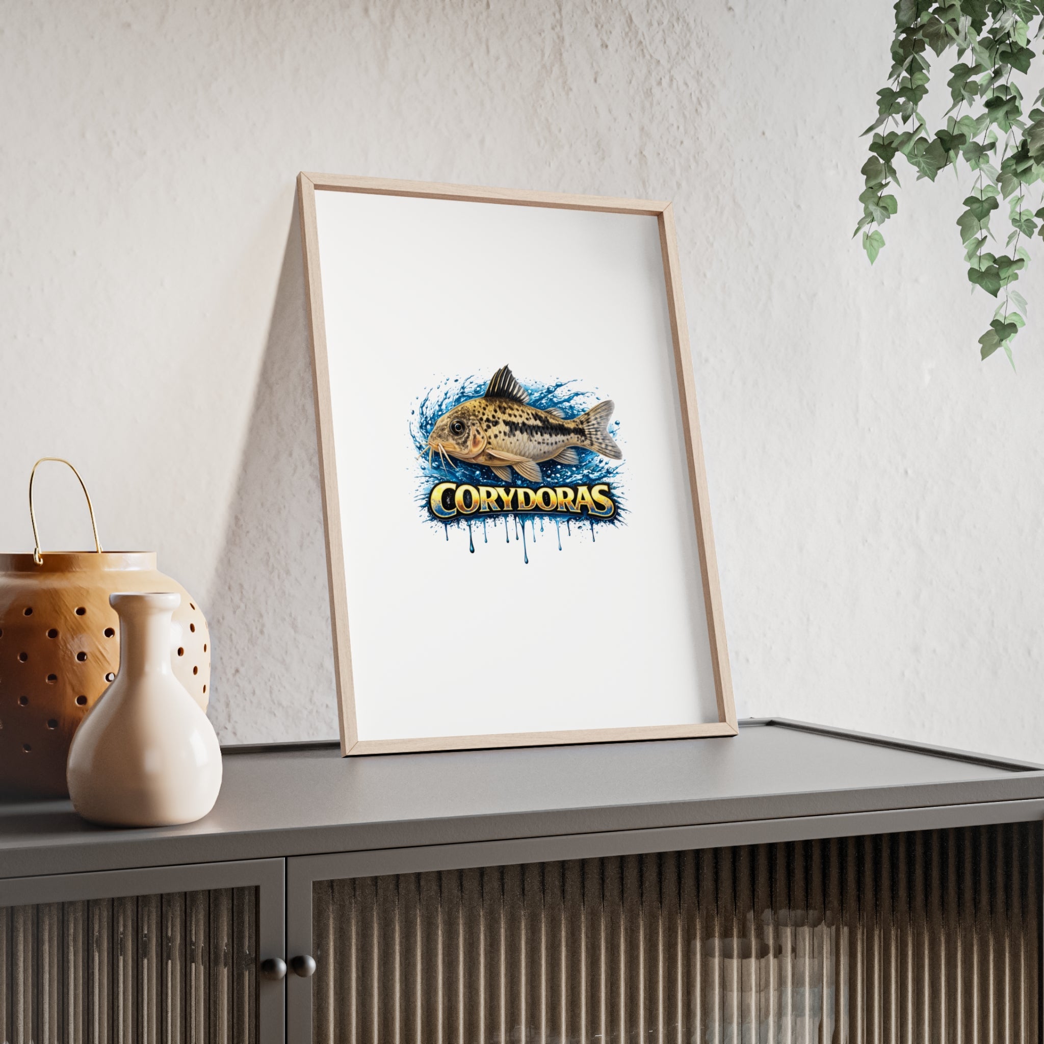 Peppered Corydoras Fish Poster with Wooden Frame — Aquarium Wall Art