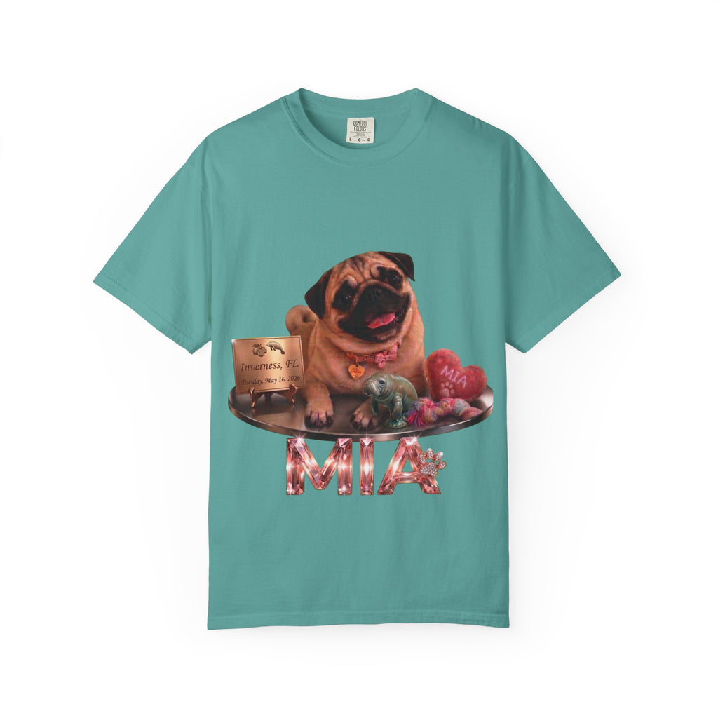 Pug Pet Portrait T-Shirt — Personalized "MIA" Dog Design