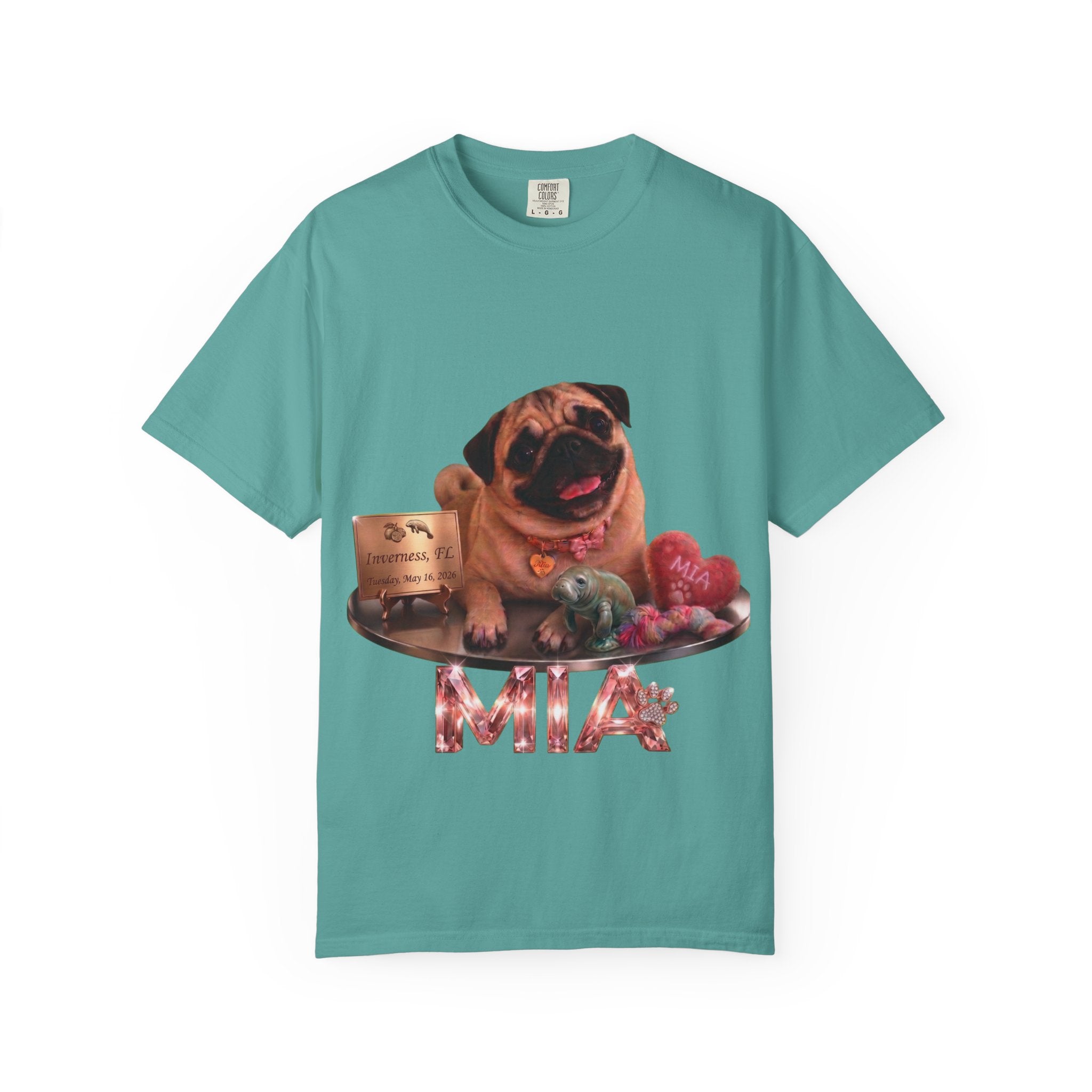 Pug Pet Portrait T-Shirt — Personalized "MIA" Dog Design