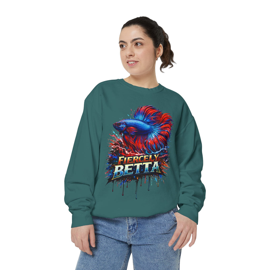 Betta Fish Sweatshirt — "Fiercely Betta" Colorful Aquarium Crewneck