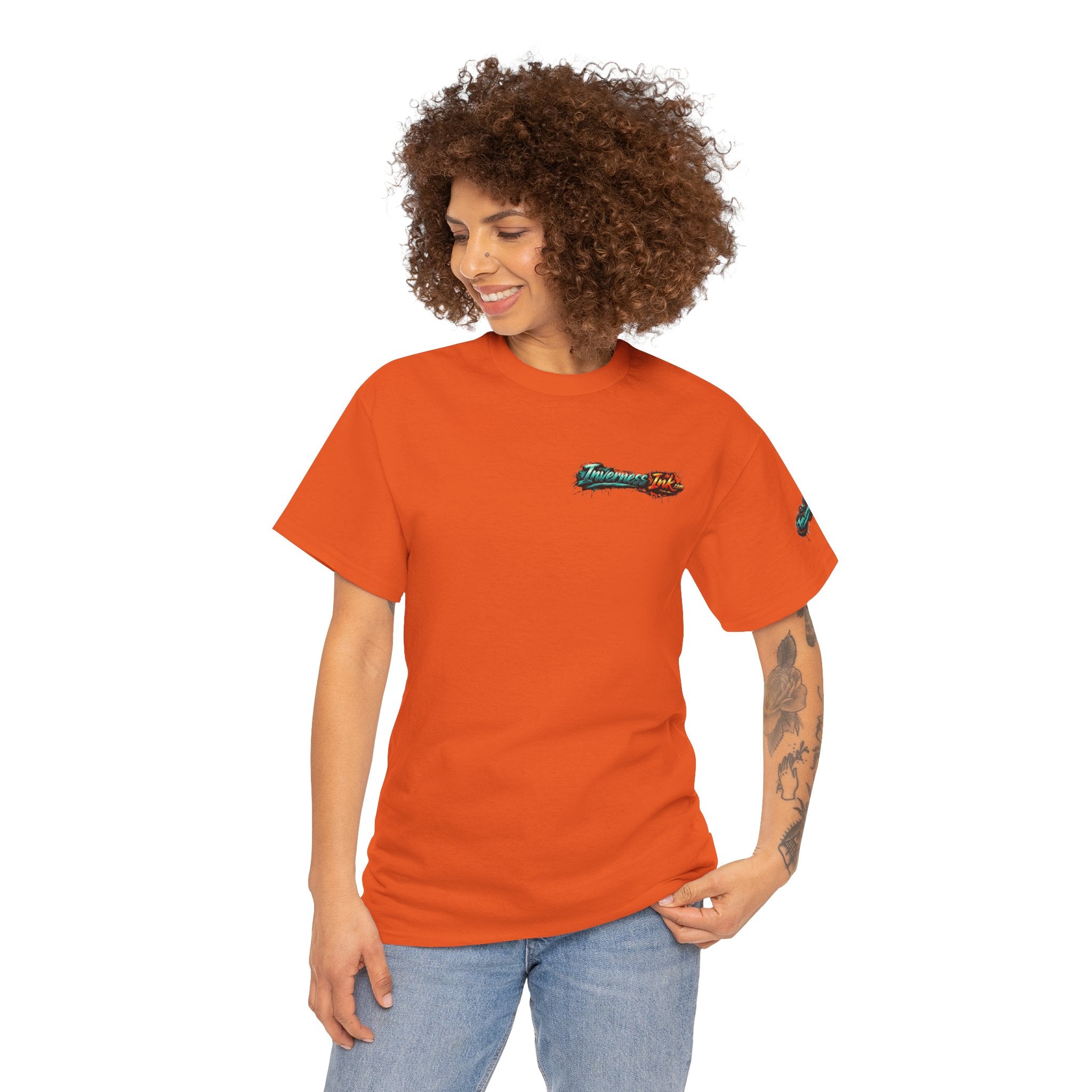 Inverness Ink Graphic Tee — Bold Blue & Orange Splash Backprint