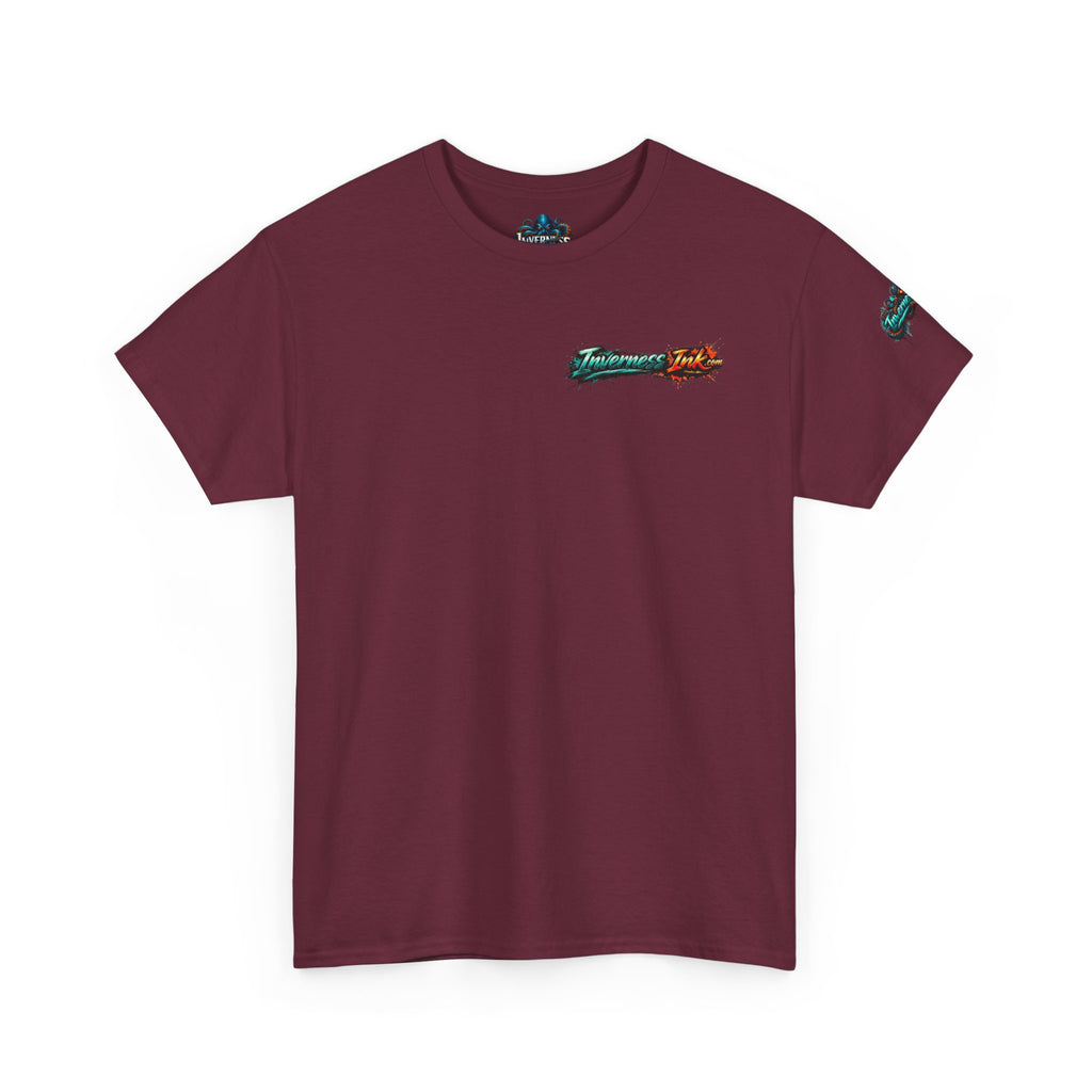 Inverness Ink Graphic Tee — Bold Blue & Orange Splash Backprint