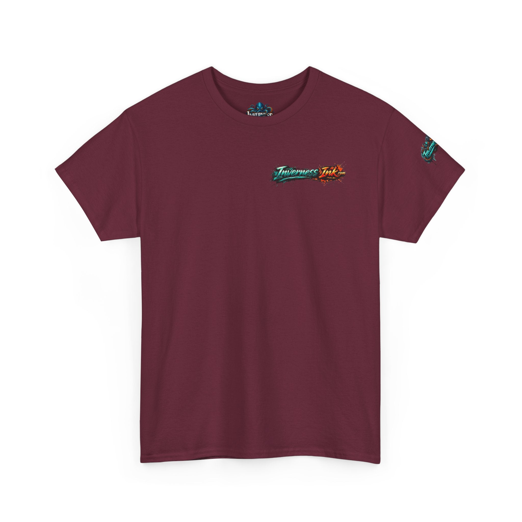 Inverness Ink Graphic Tee — Bold Blue & Orange Splash Backprint