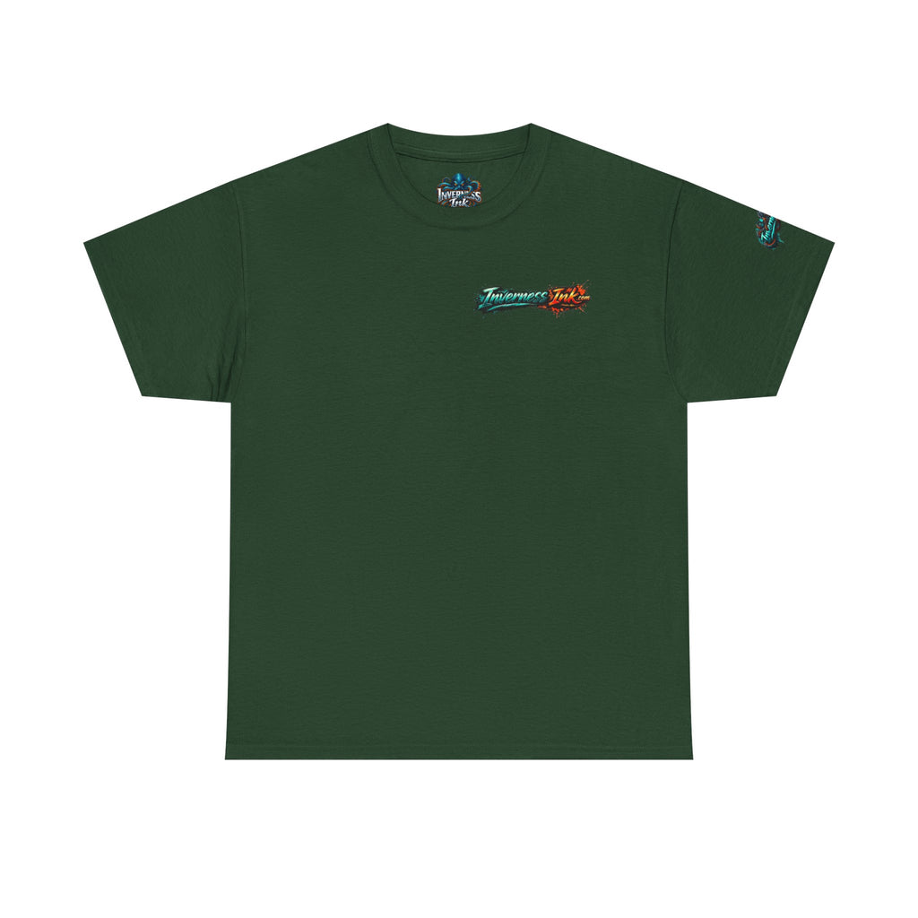 Inverness Ink Graphic Tee — Bold Blue & Orange Splash Backprint