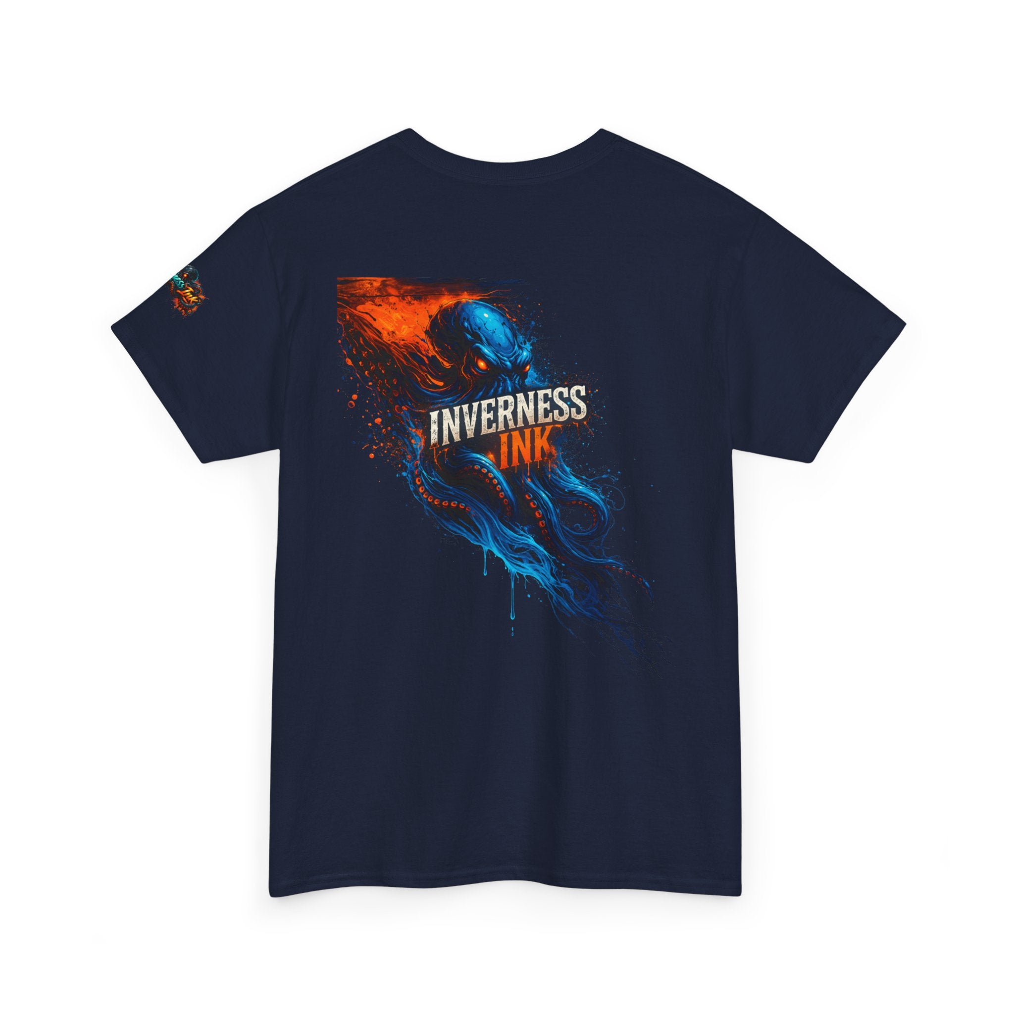Inverness Ink Graphic Tee — Bold Blue & Orange Splash Backprint