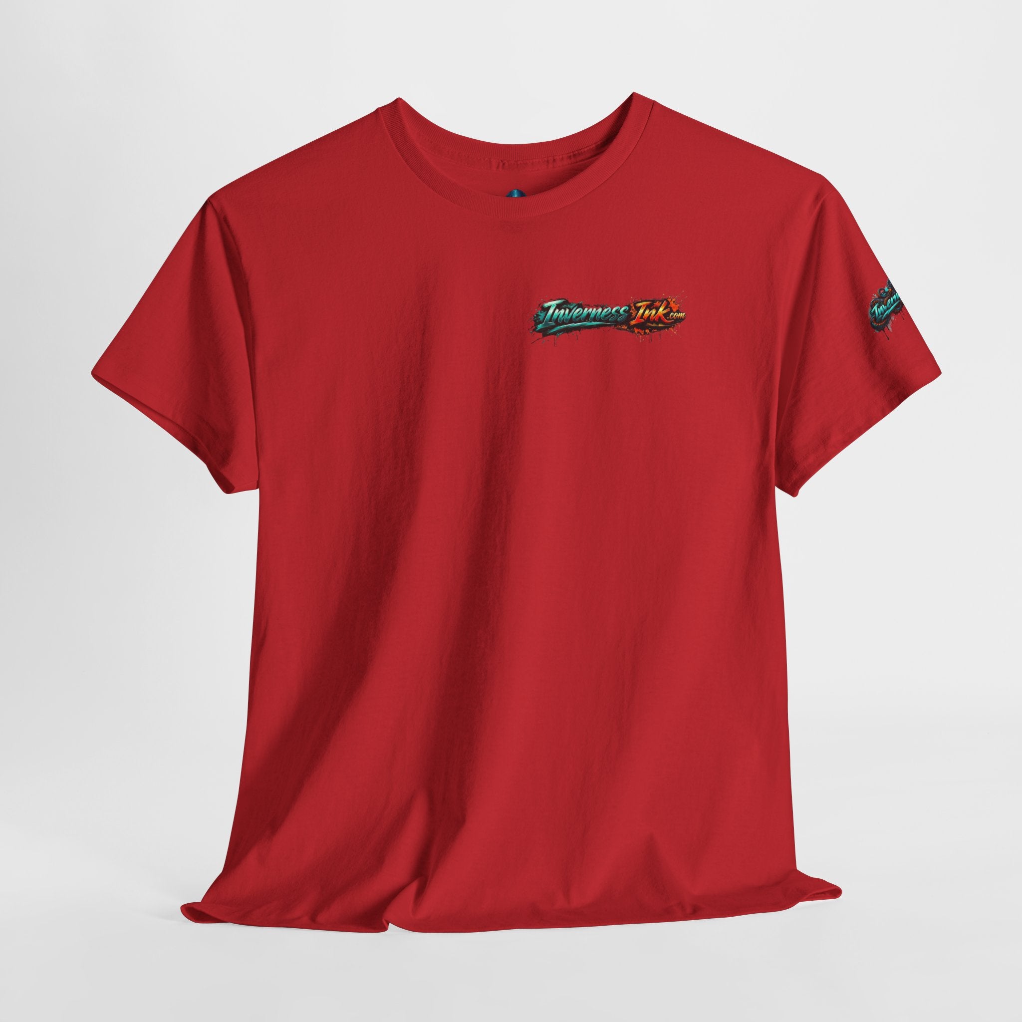 Inverness Ink Graphic Tee — Bold Blue & Orange Splash Backprint