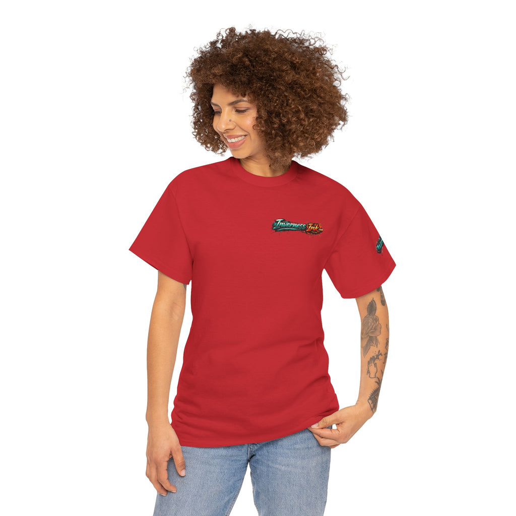 Inverness Ink Graphic Tee — Bold Blue & Orange Splash Backprint