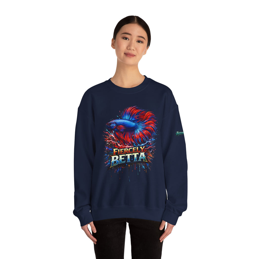 Betta Fish Crewneck Sweatshirt — "Fiercely Betta" Colorful Aquarium Graphic