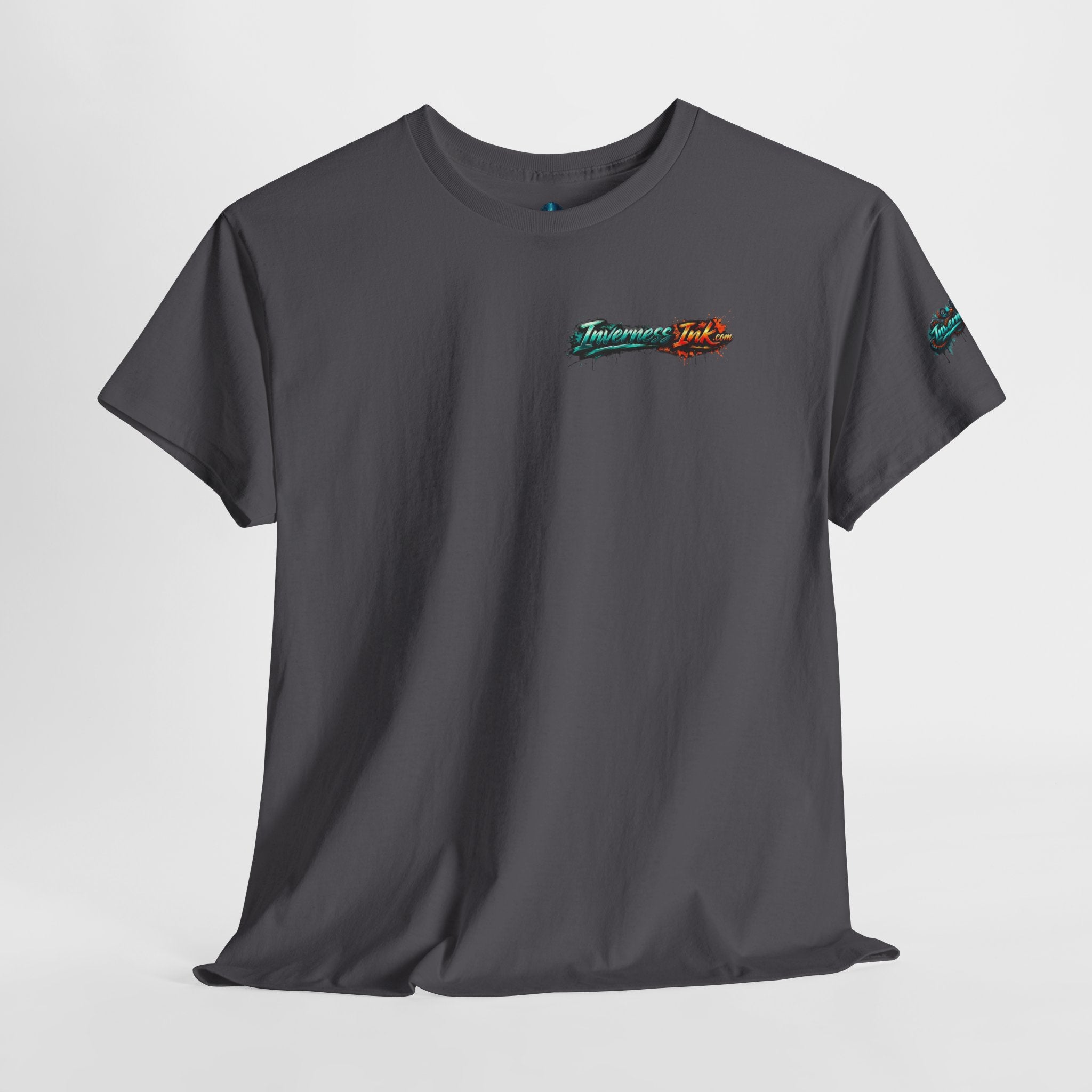 Inverness Ink Graphic Tee — Bold Blue & Orange Splash Backprint