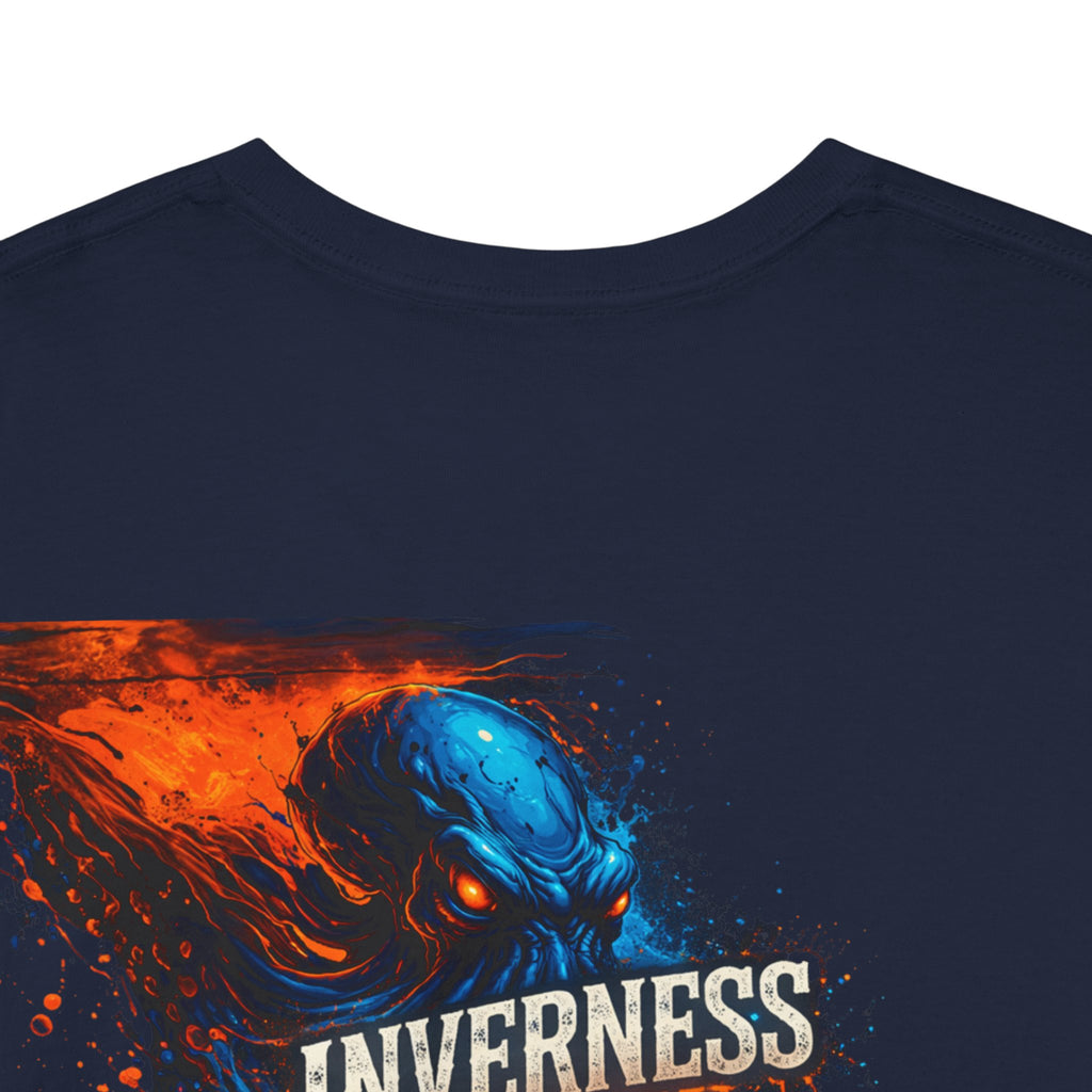 Inverness Ink Graphic Tee — Bold Blue & Orange Splash Backprint