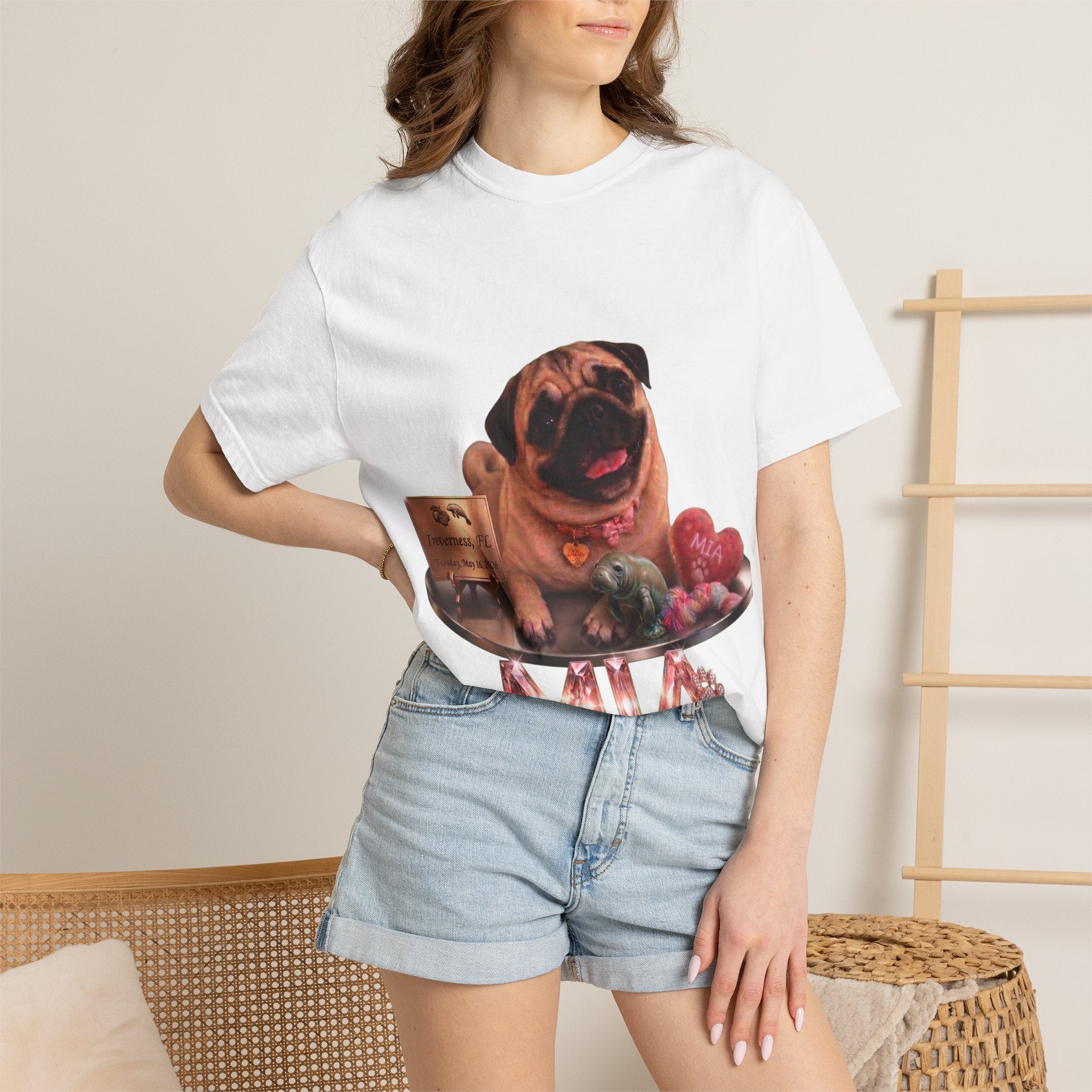 Pug Pet Portrait T-Shirt — Personalized "MIA" Dog Design