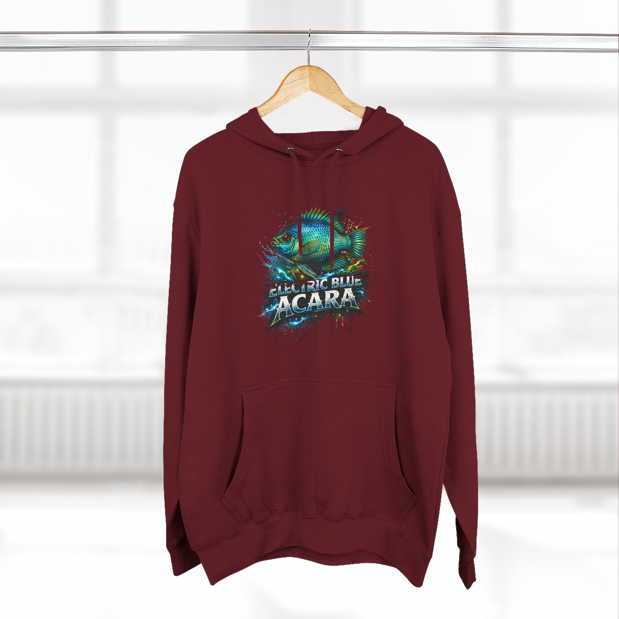 Electric Blue Acara Hoodie — Colorful Aquarium Fish Graphic Fleece Pullover