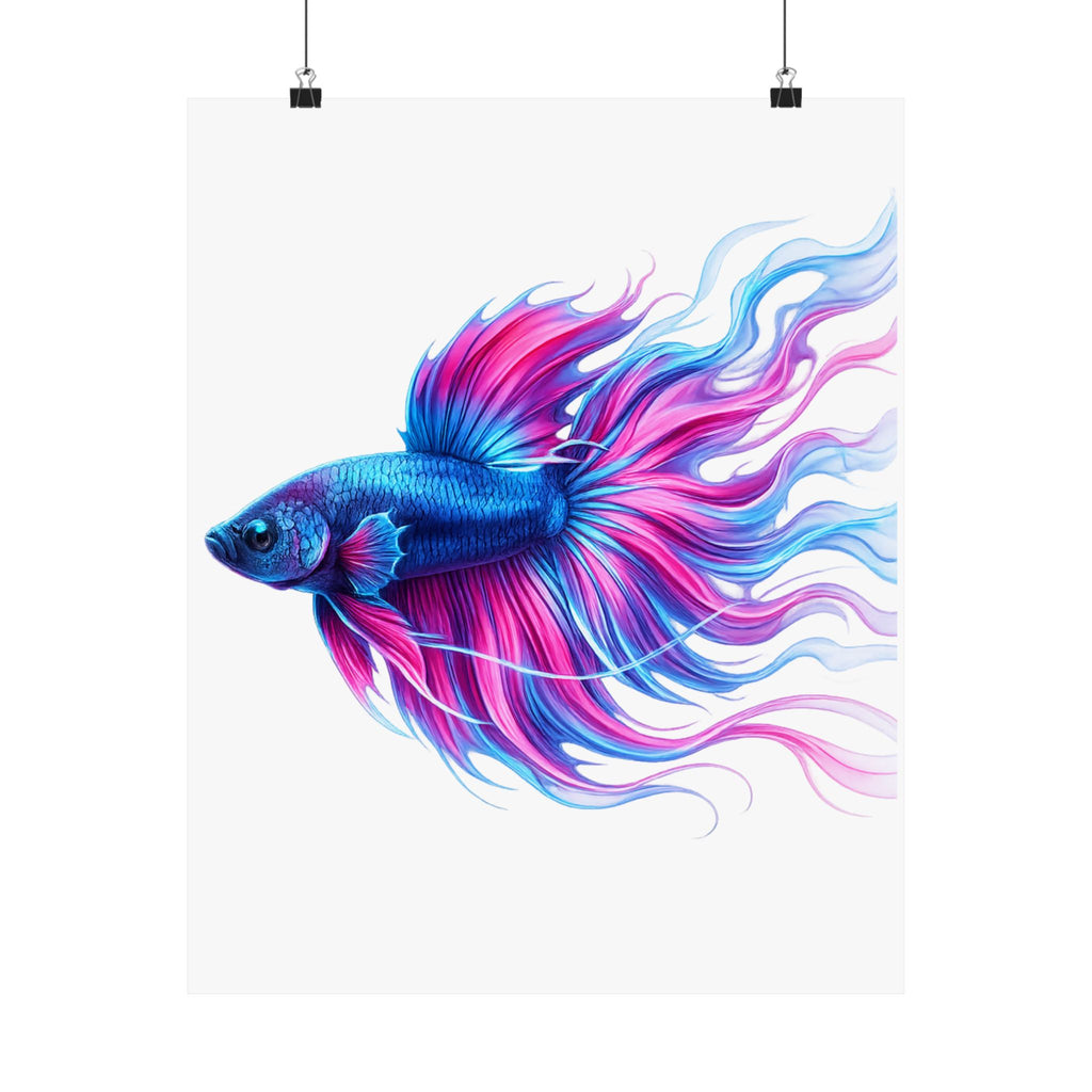 Betta Fish Art Poster — Colorful Blue & Pink Matte Vertical Wall Print