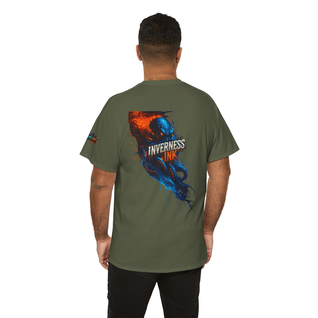 Inverness Ink Graphic Tee — Bold Blue & Orange Splash Backprint