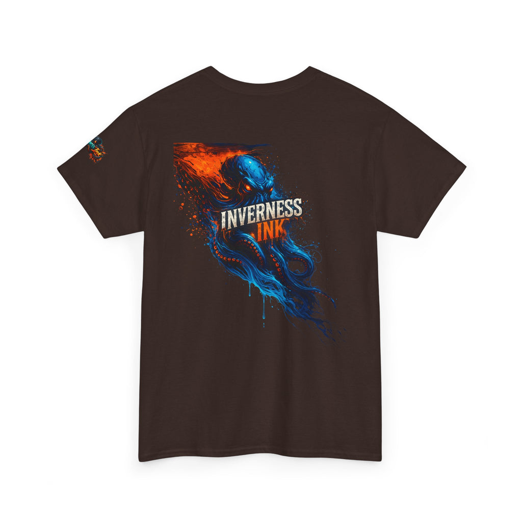 Inverness Ink Graphic Tee — Bold Blue & Orange Splash Backprint