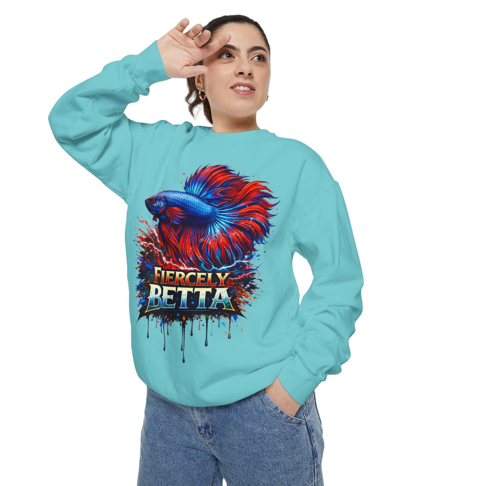 Betta Fish Sweatshirt — "Fiercely Betta" Colorful Aquarium Crewneck