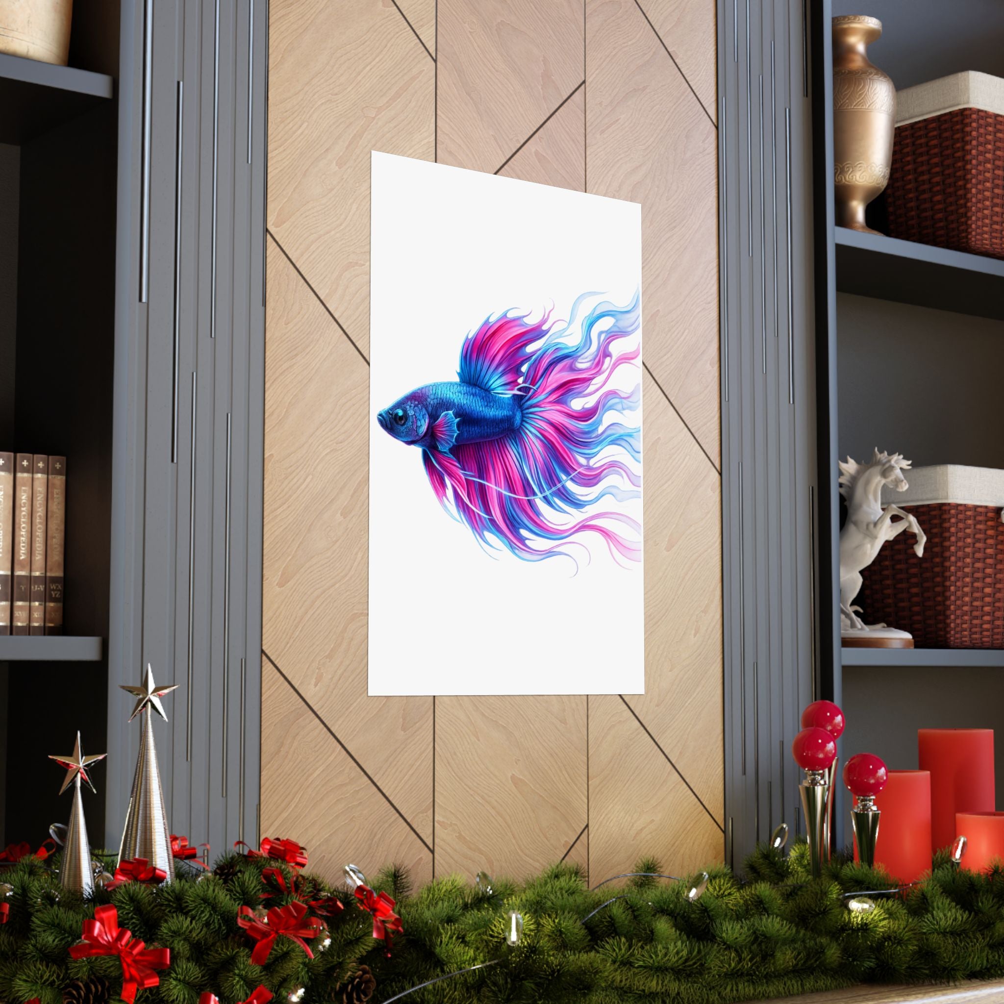 Betta Fish Art Poster — Colorful Blue & Pink Matte Vertical Wall Print